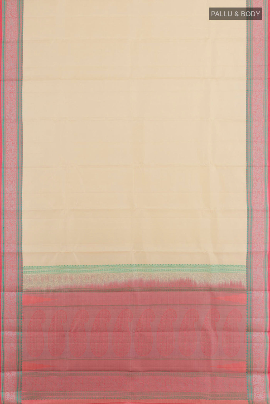 Flat view of Off White Kanchipuram Silk Saree with Plain Body and Thread Embroidery Border. 