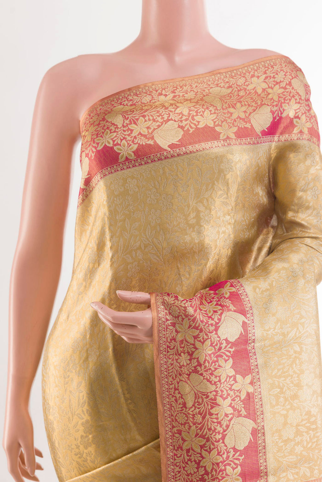Border image of Golden Kanjivaram Silk Saree with Zari Brocade on the body and Zari Border. 
