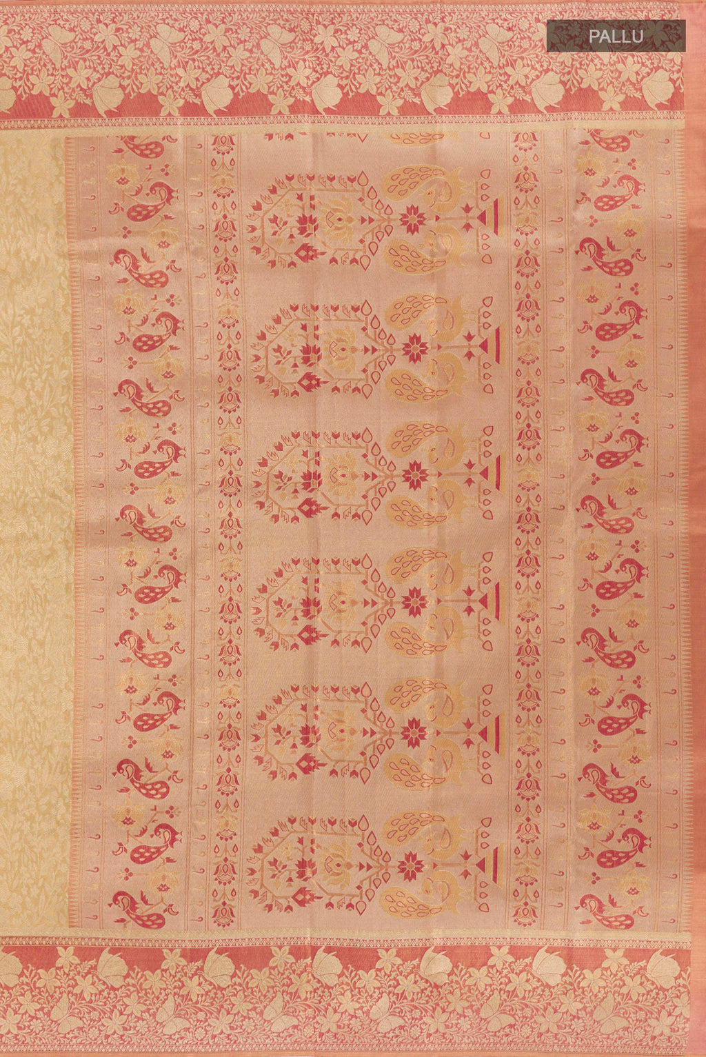 Close up image of the pallu of Golden Kanjivaram Silk Saree with Zari Brocade on the body and Zari Border. 