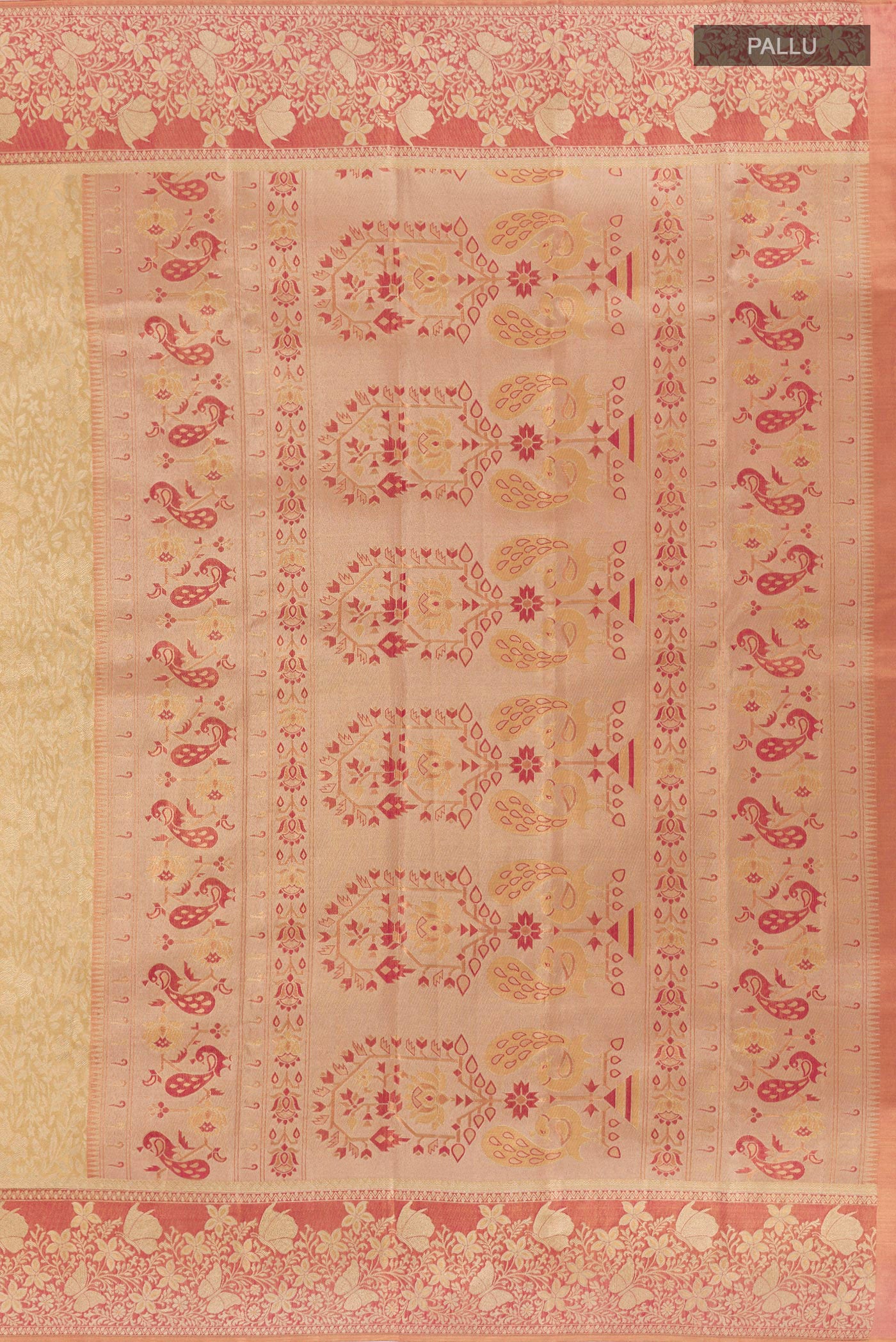 Close up image of the pallu of Golden Kanjivaram Silk Saree with Zari Brocade on the body and Zari Border. 