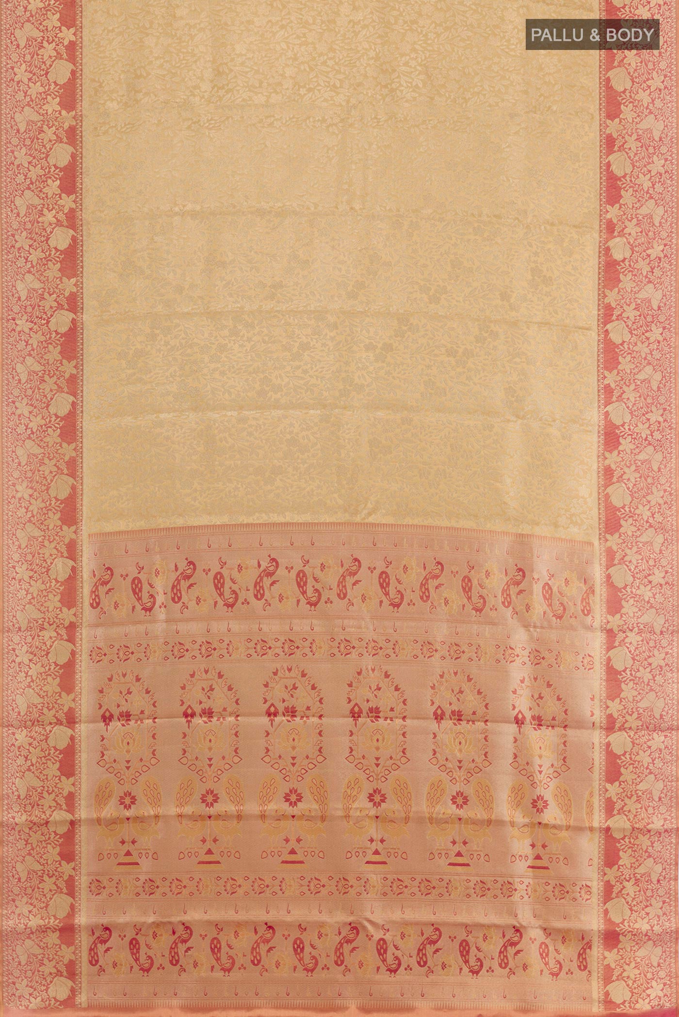 Flat view of Golden Kanjivaram Silk Saree with Zari Brocade on the body and Zari Border. 