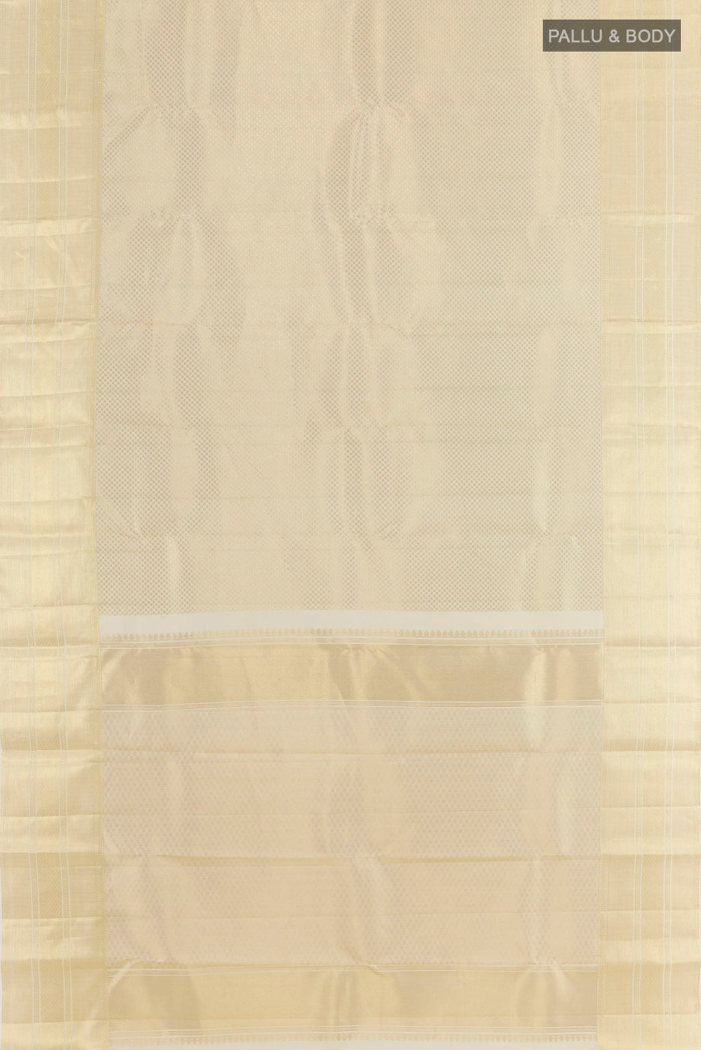 Flat view of Off White Kanchipuram Silk Saree with Zari Brocade on the body and Zari Border. 