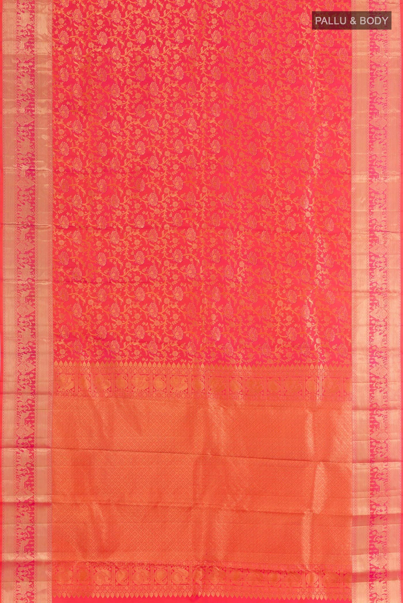 Flat view of Pink Dual Tone Kanchipuram Silk Saree with Zari Brocade on the body and Zari Border. 