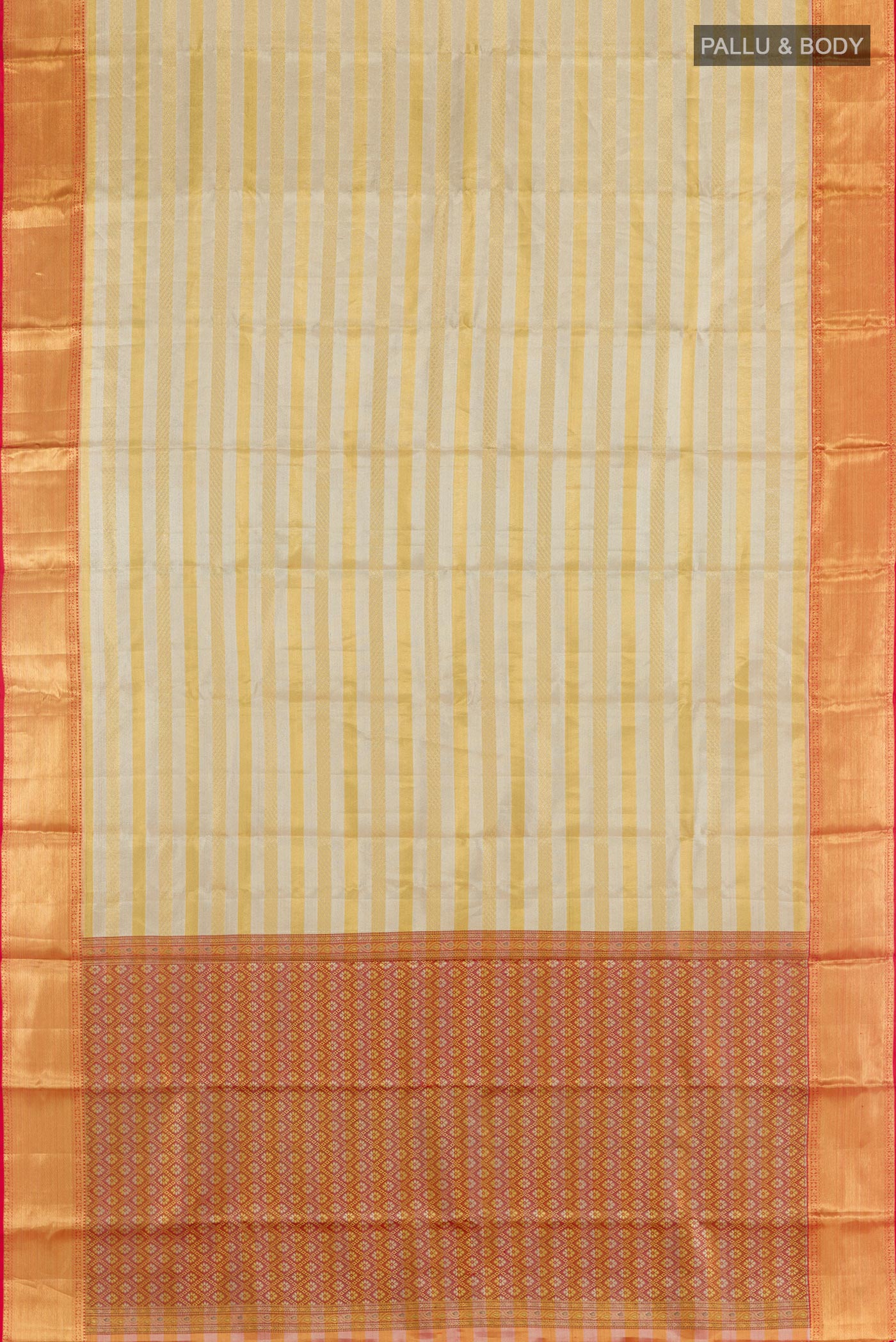 Flat view of Silver Kanjivaram Silk Saree with Stripes on the body and Zari Border. 