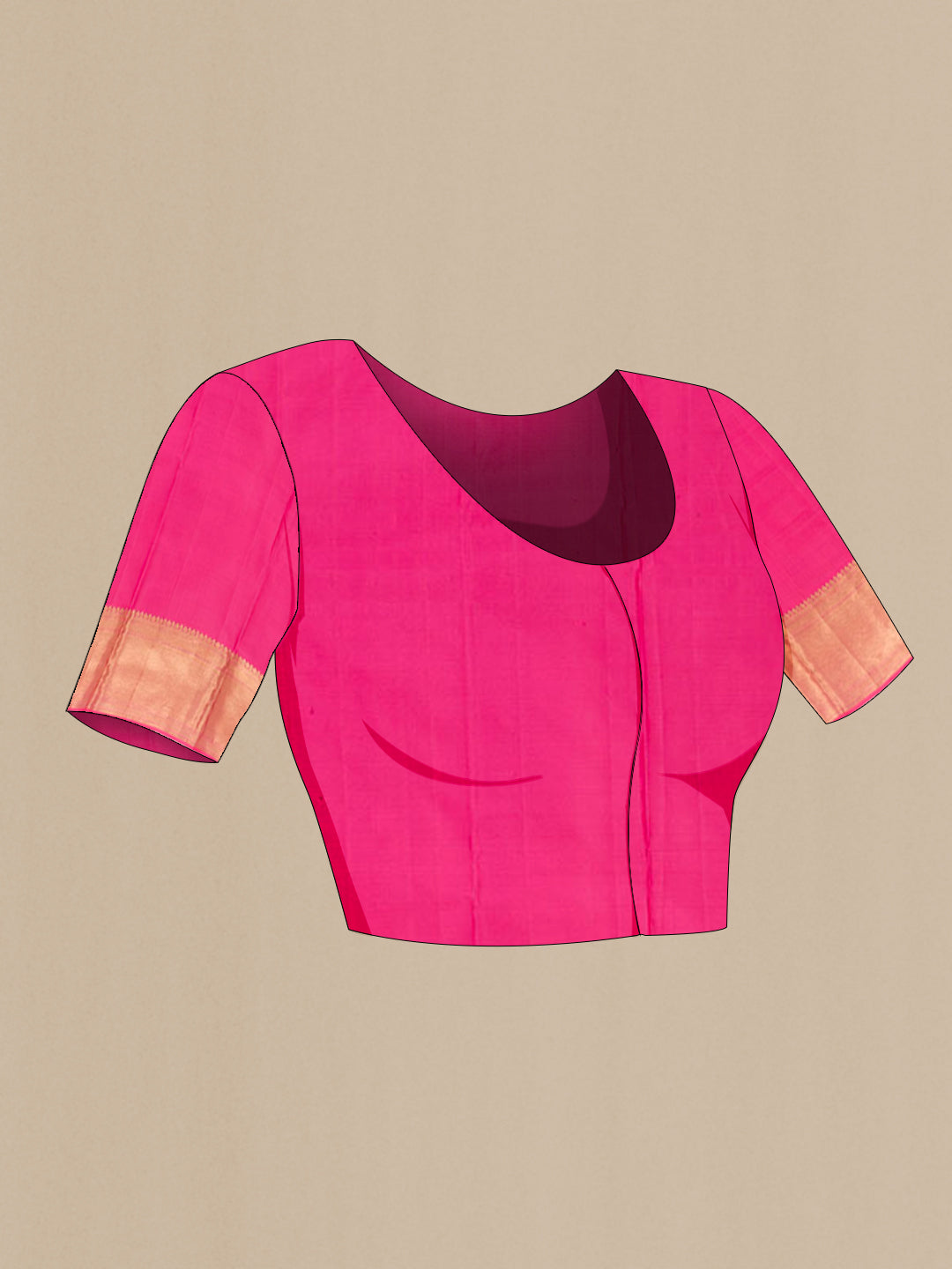 Close up image of the blouse of Pink Kanjivaram Silk Saree with Zari Brocade on the body and Zari Border. 