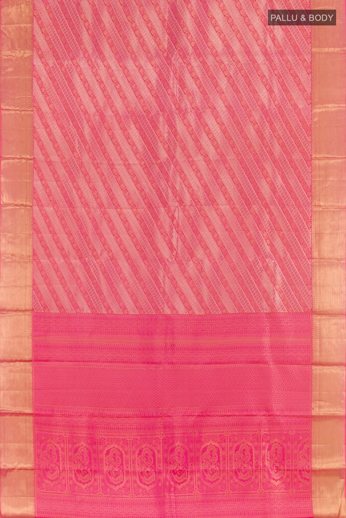 Flat view of Pink Kanjivaram Silk Saree with Zari Brocade on the body and Zari Border. 