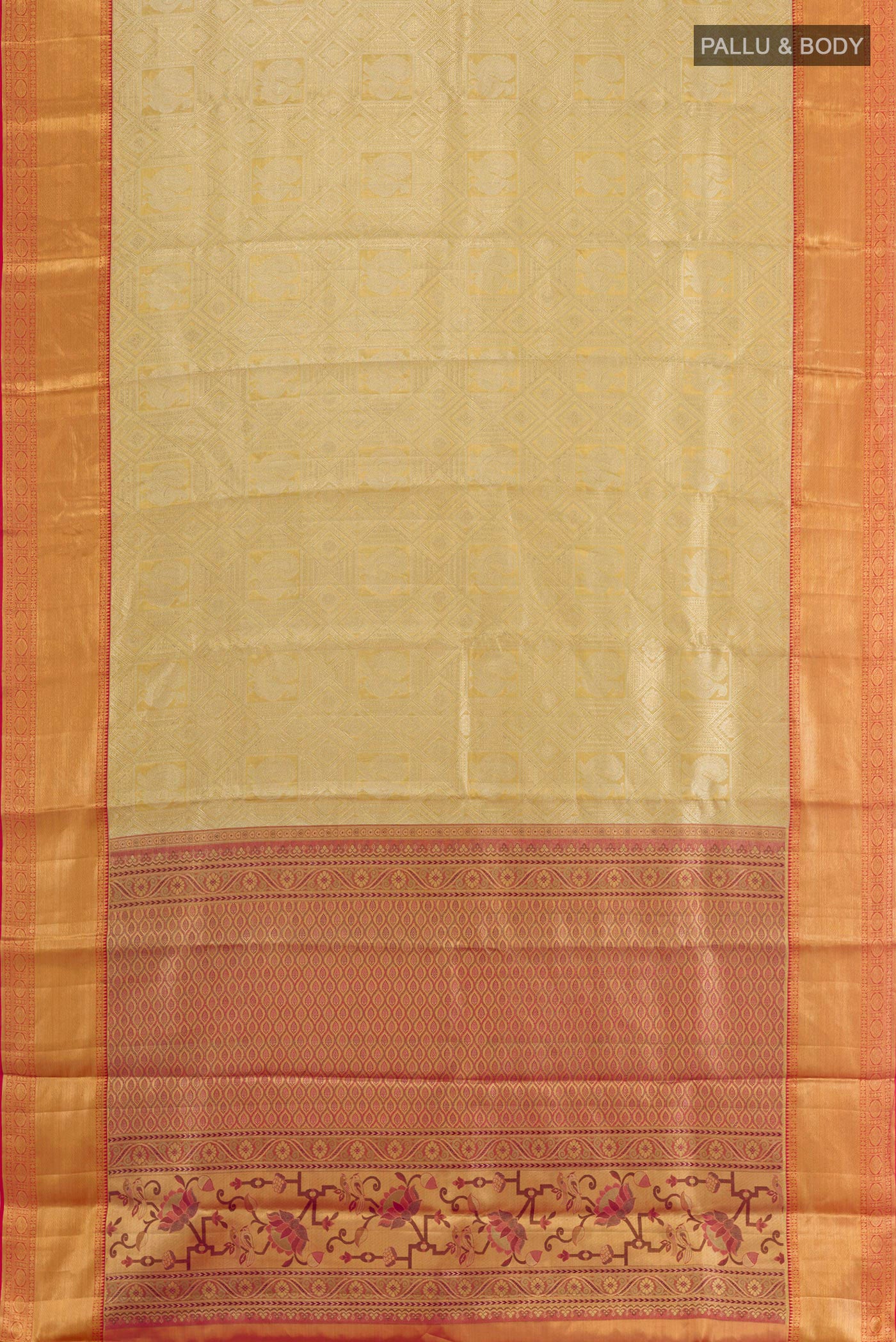 Flat view of Golden Kanjivaram Silk Saree with Zari Brocade on the body and Zari Border. 