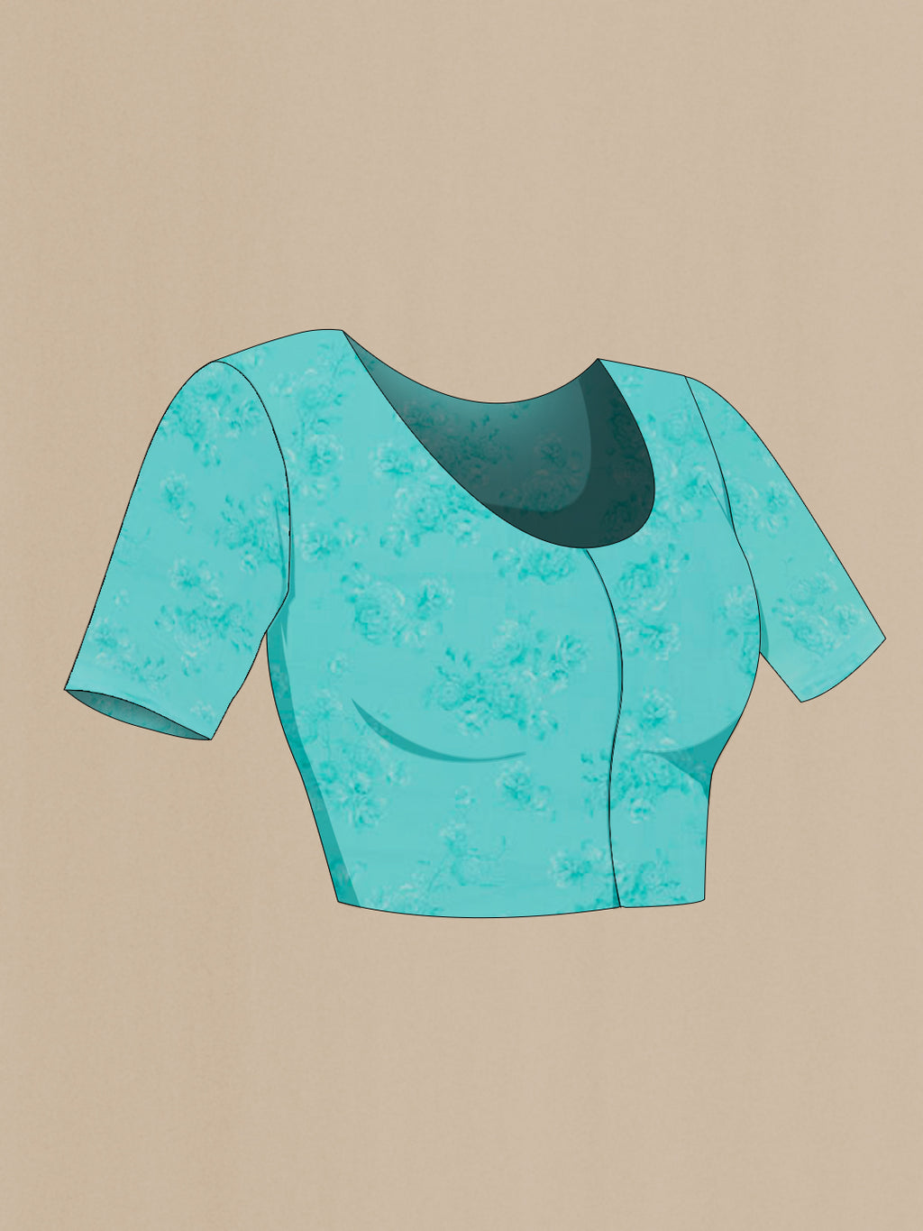 Close up image of the blouse of Blue Chiffon Saree with Printed design on the body and Plain Border. 