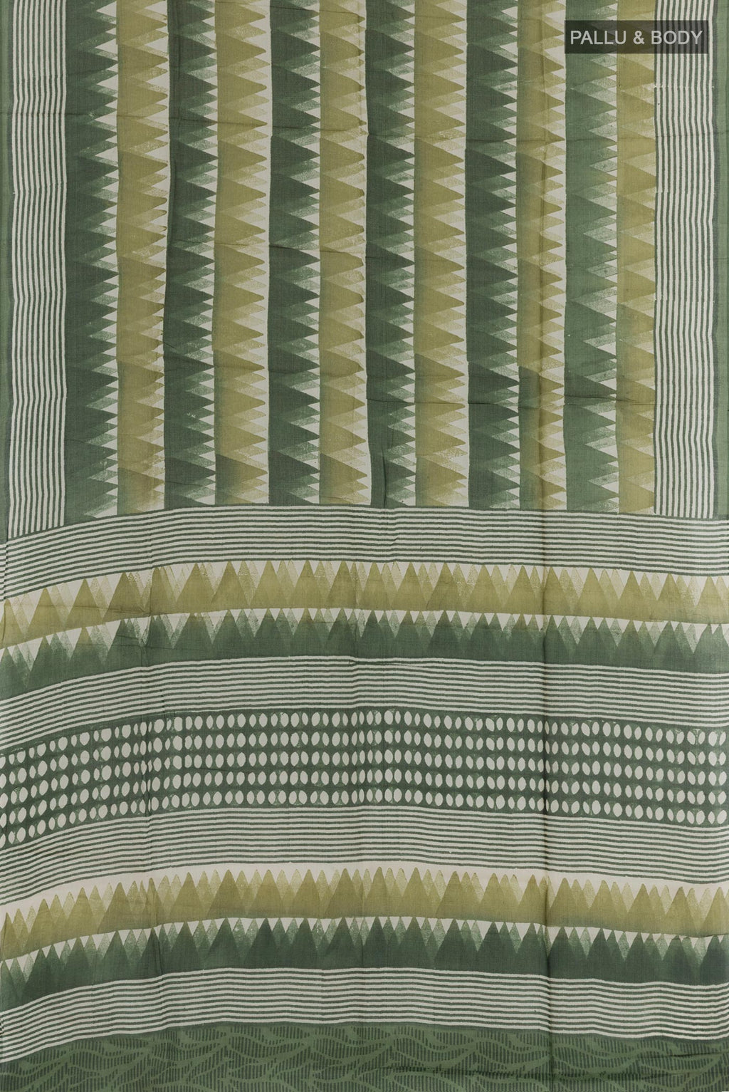 Flat view of Green Tussar Saree with Printed design on the body and Printed Border. 