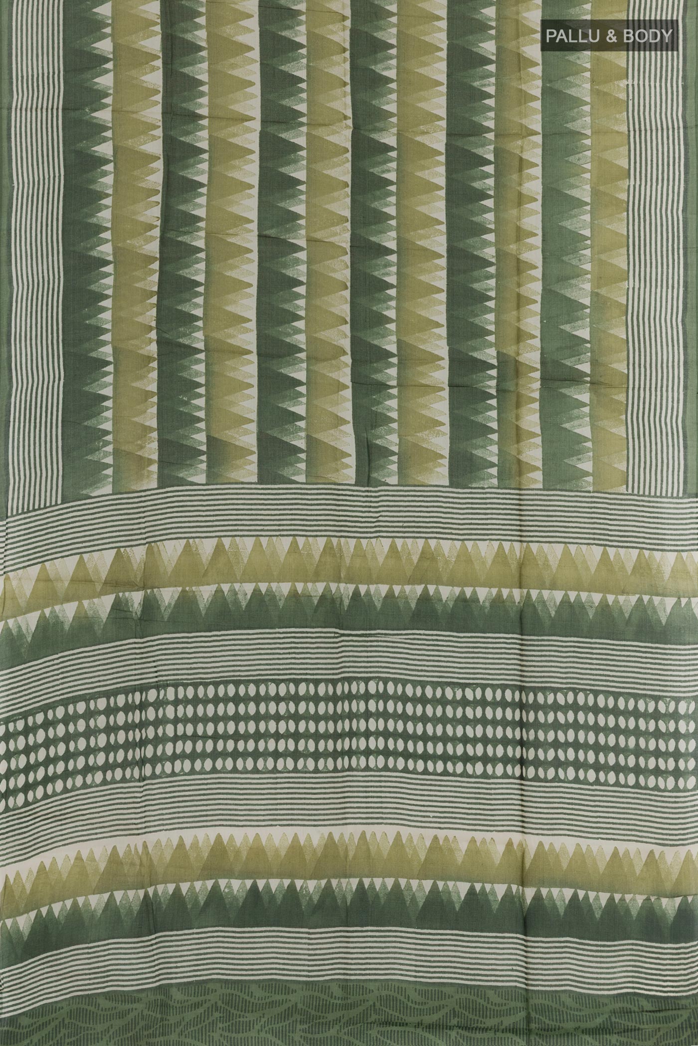 Flat view of Green Tussar Saree with Printed design on the body and Printed Border. 