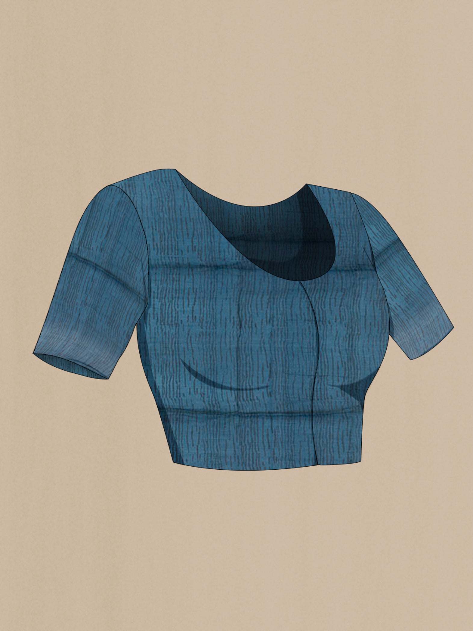 Close up image of the blouse of Blue Tussar Saree with Printed design on the body and Zari Border. 