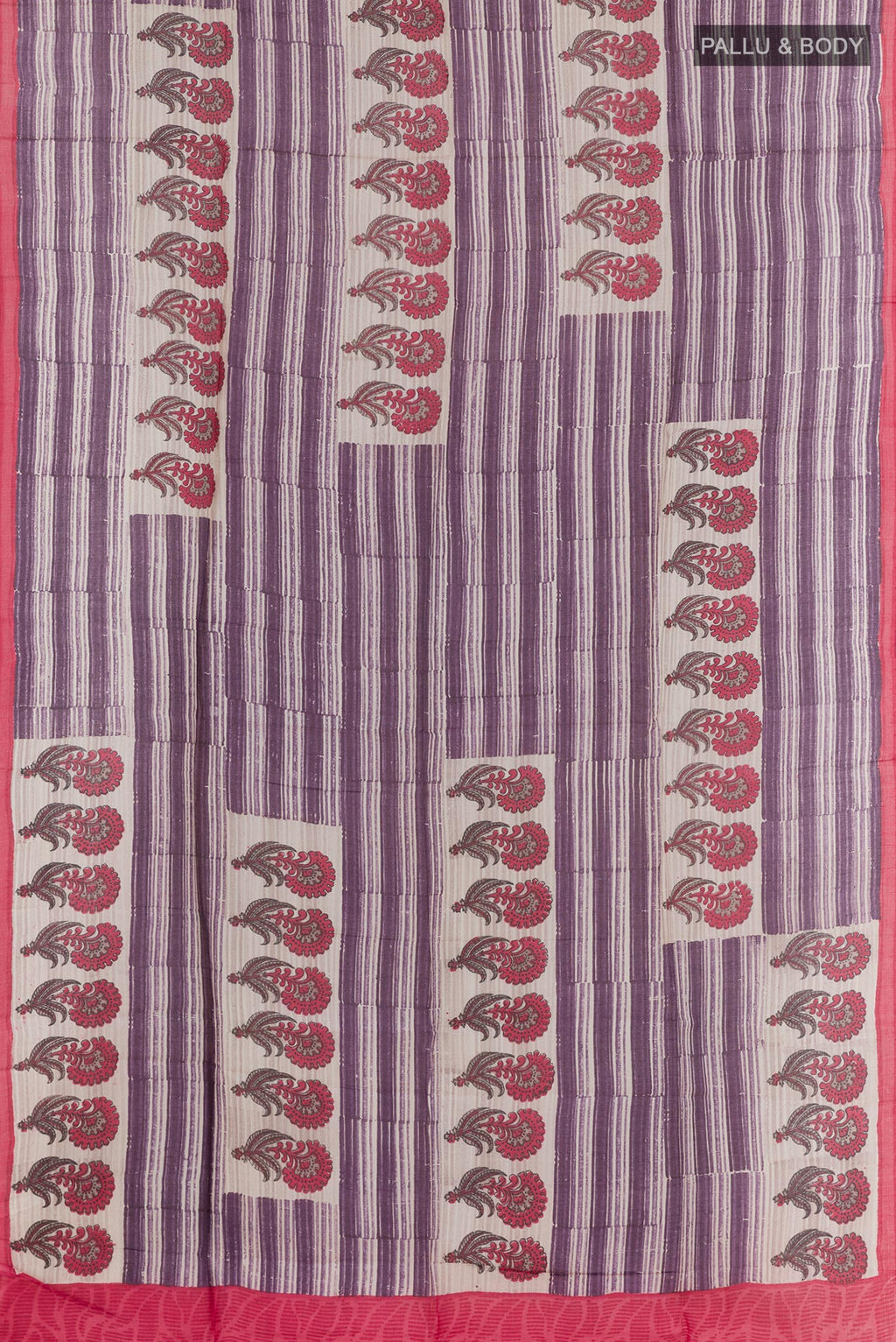 Flat view of Purple Tussar Saree with Printed design on the body and Printed Border. 