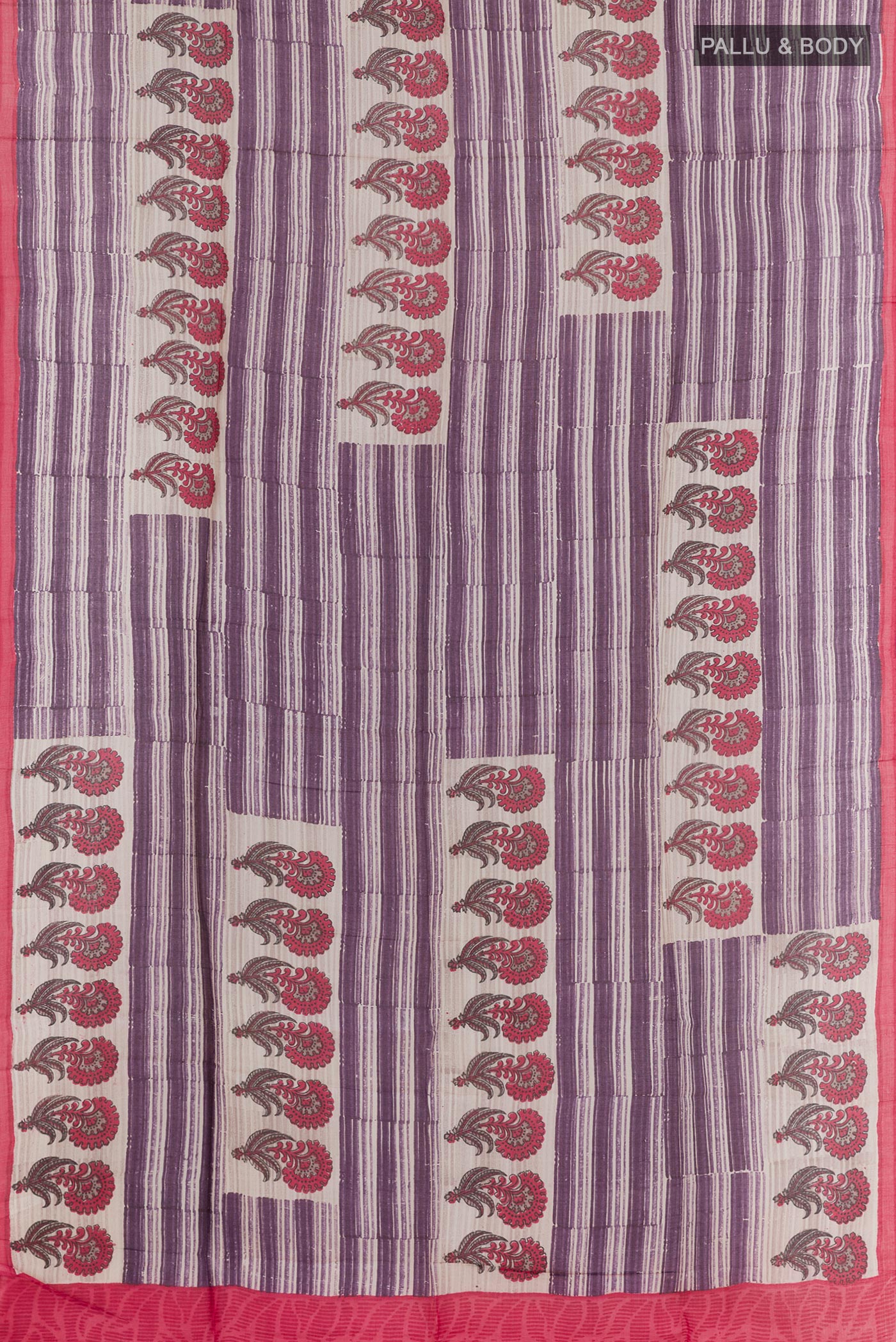 Flat view of Purple Tussar Saree with Printed design on the body and Printed Border. 