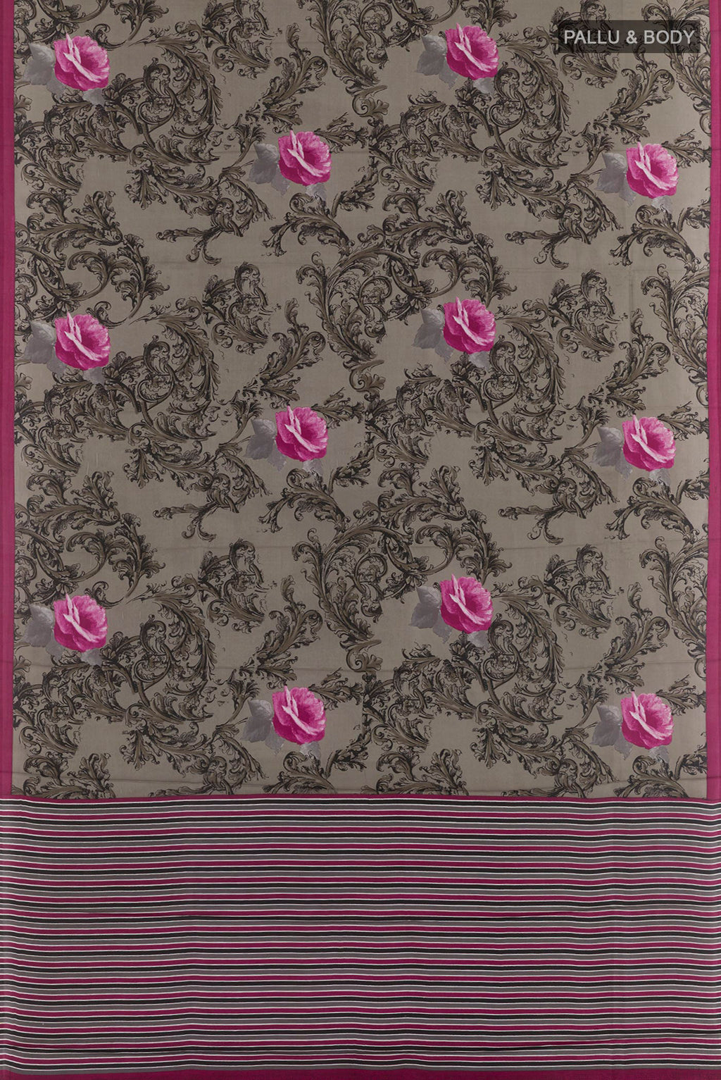 Flat view of Grey Printed Silk Saree with Printed design on the body and Plain Border. 