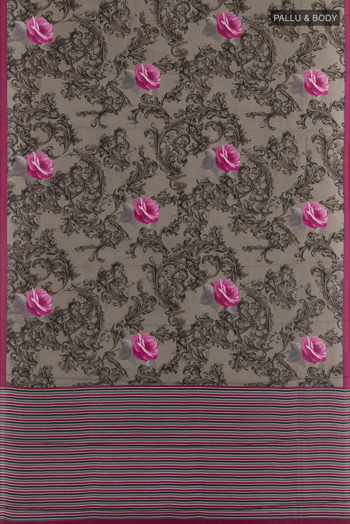 Flat view of Grey Printed Silk Saree with Printed design on the body and Plain Border. 