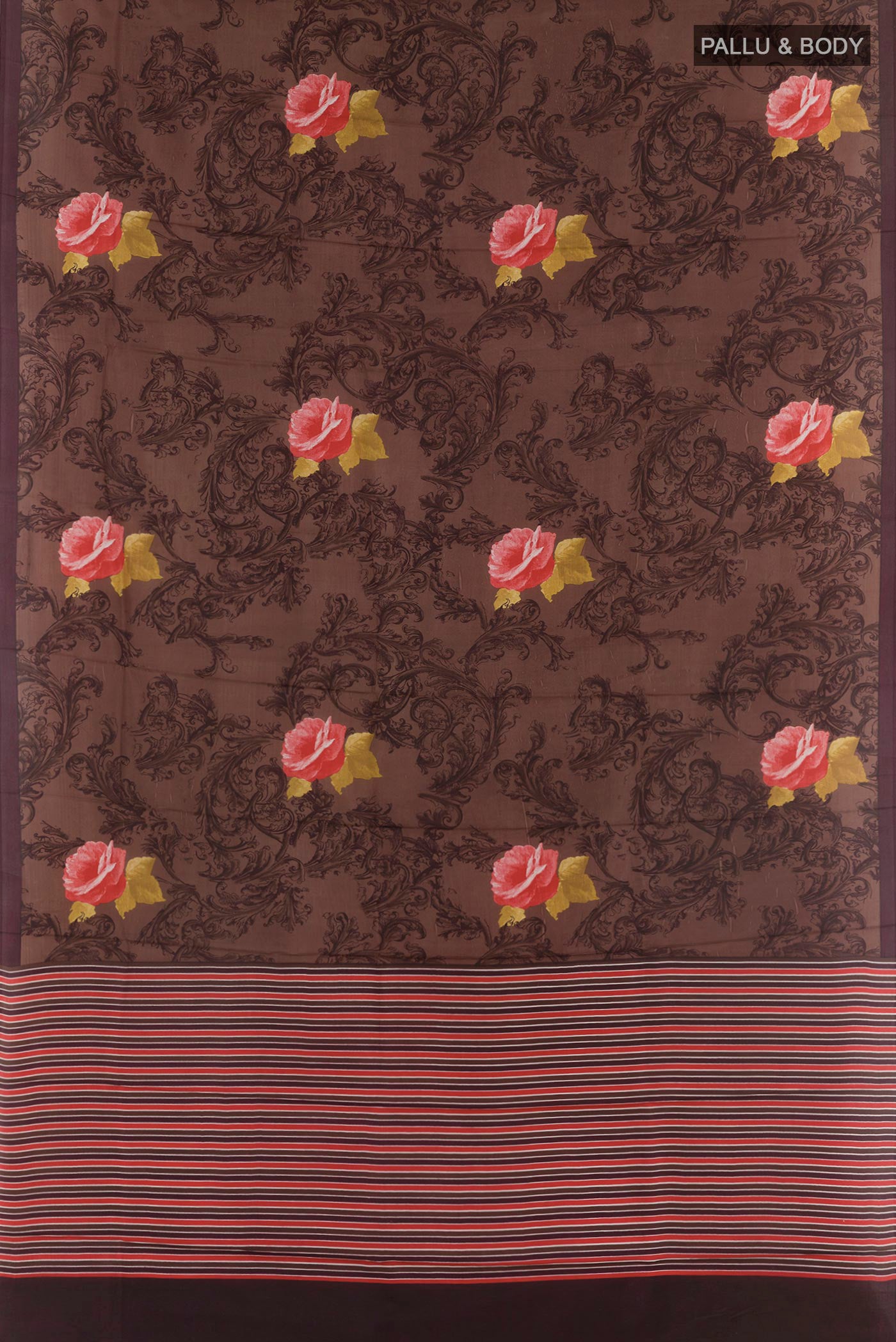 Flat view of Brown Printed Silk Saree with Printed design on the body and Plain Border. 
