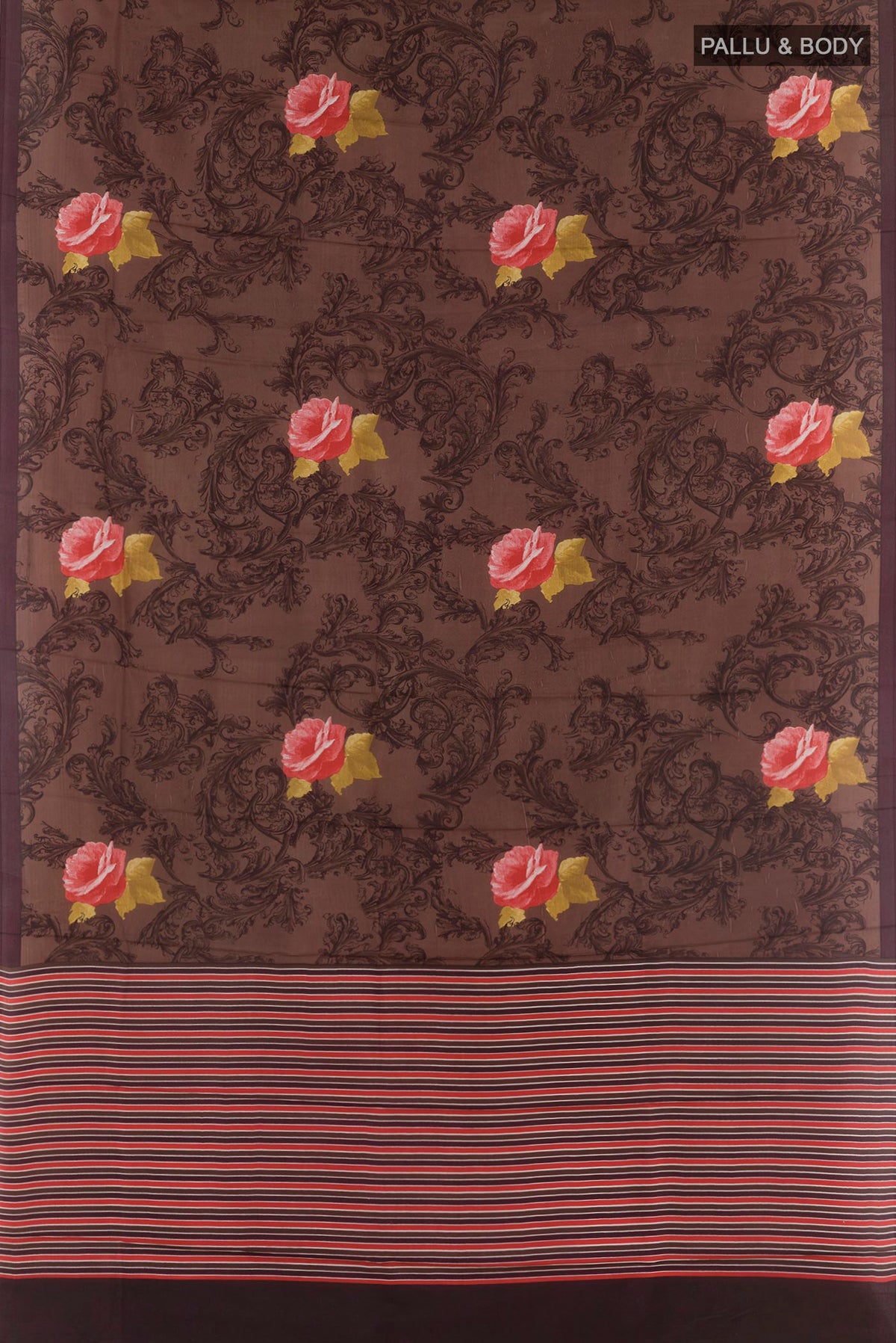 Flat view of Brown Printed Silk Saree with Printed design on the body and Plain Border. 