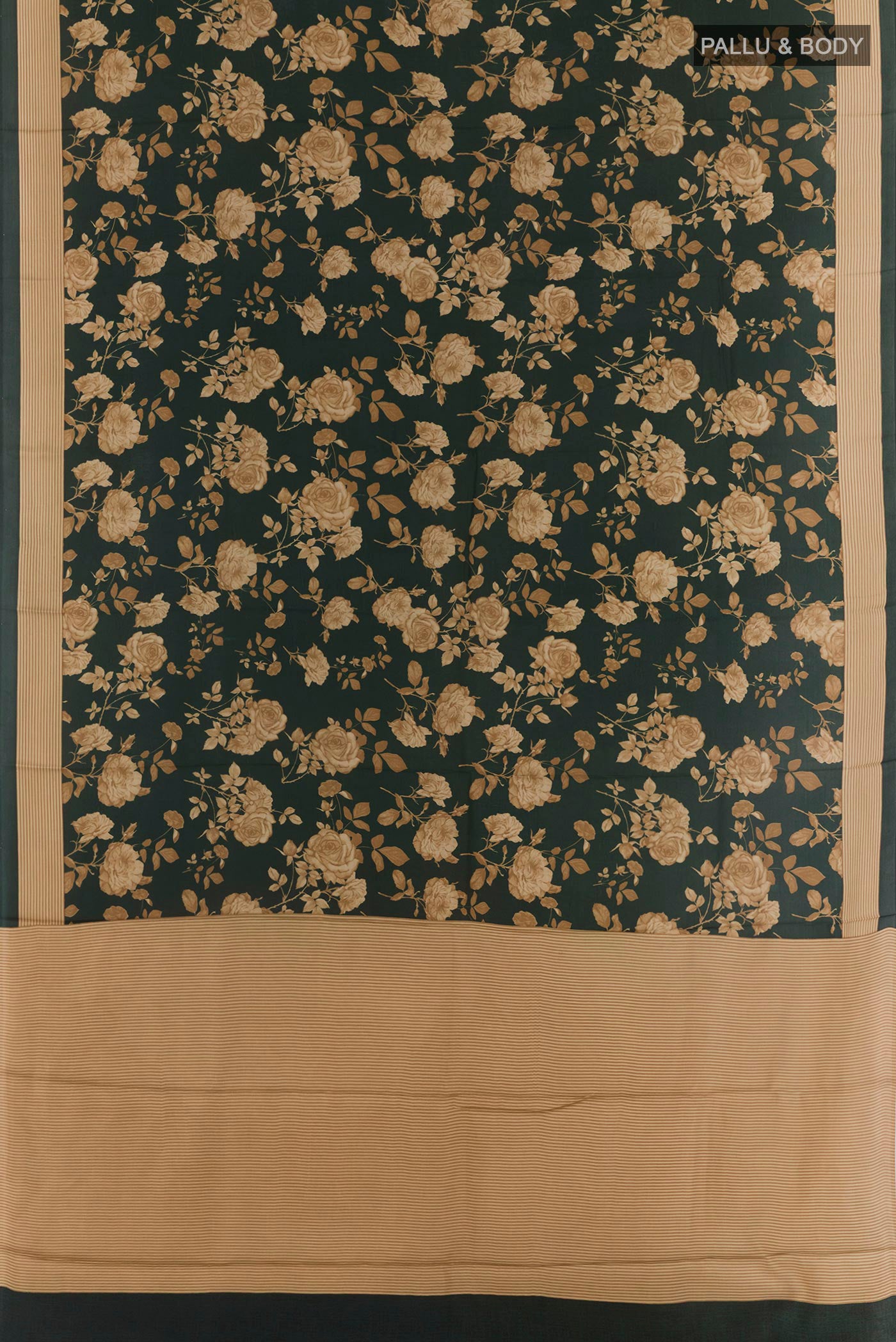 Flat view of Bottle Green Printed Silk Saree with Printed design on the body and Plain Border. 
