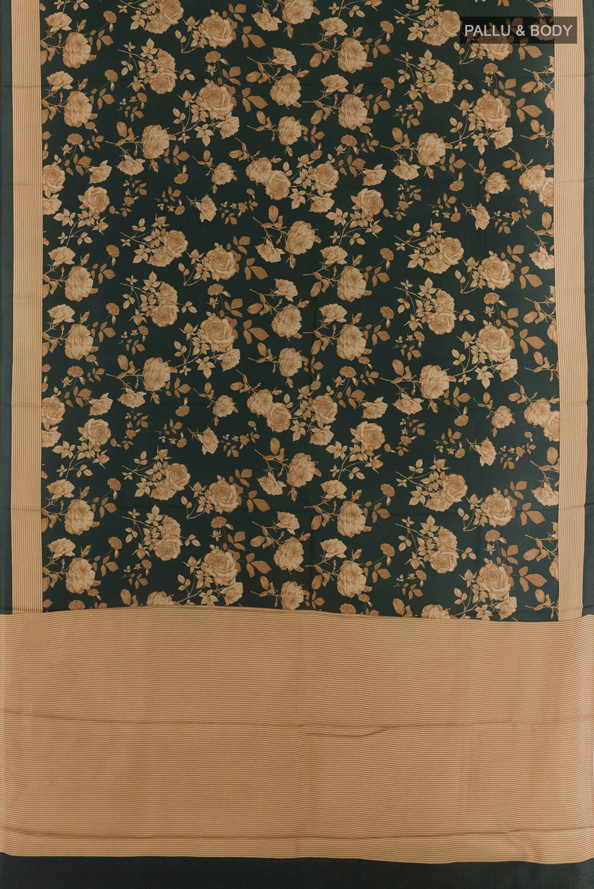 Flat view of Bottle Green Printed Silk Saree with Printed design on the body and Plain Border. 