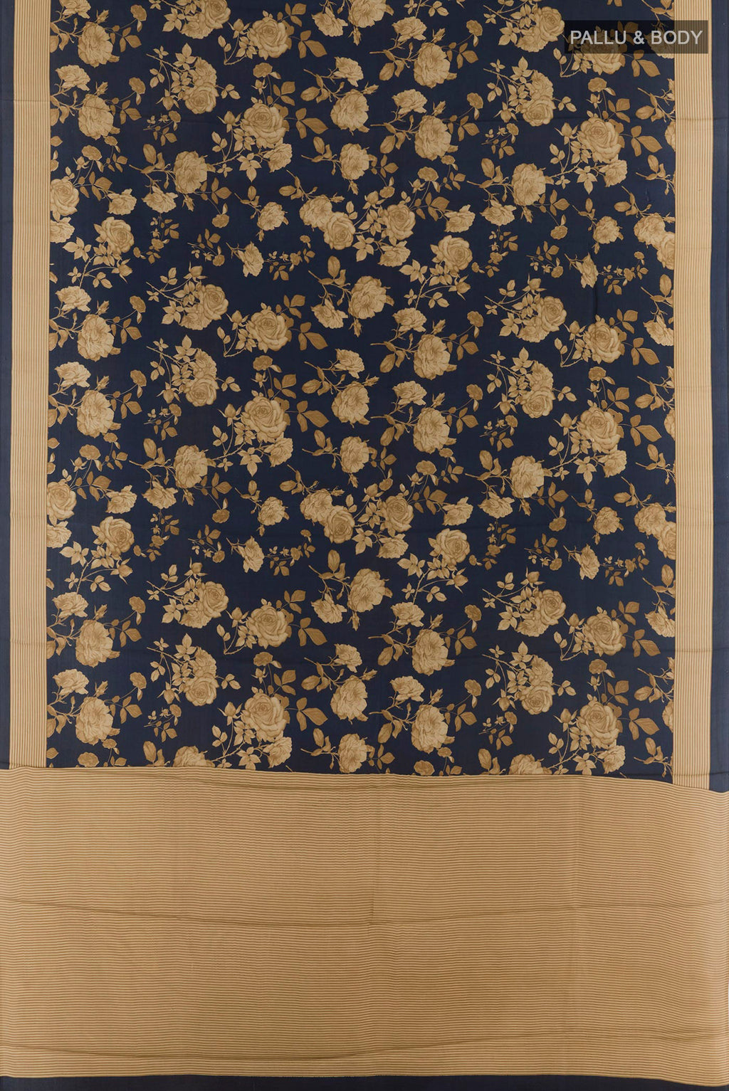 Flat view of Dark Blue Printed Silk Saree with Printed design on the body and Plain Border. 