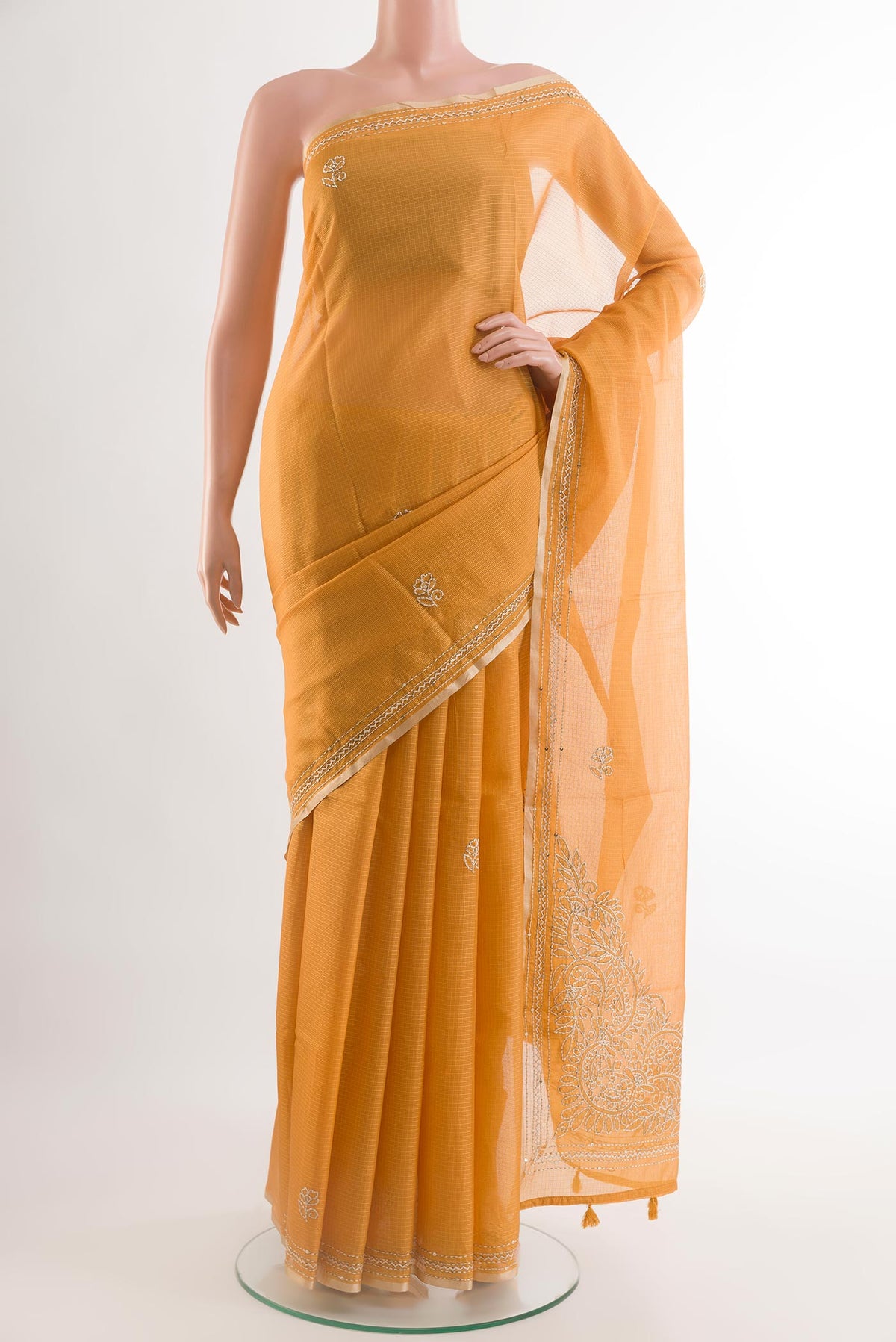 Yellow Kota Silk Saree with Thread Butta on the body and Embroidery Border.  displayed on a mannequin