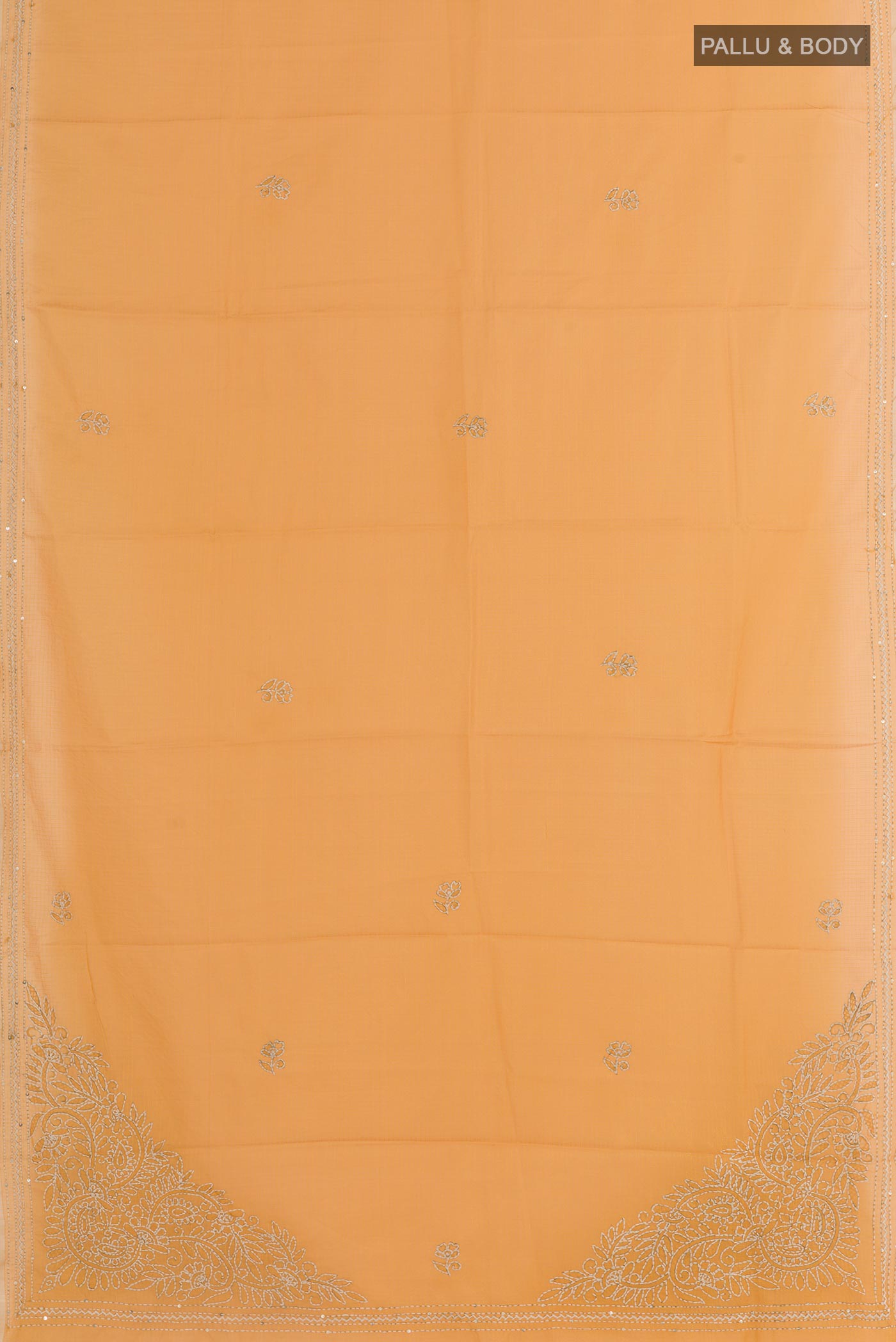 Flat view of Yellow Kota Silk Saree with Thread Butta on the body and Embroidery Border. 