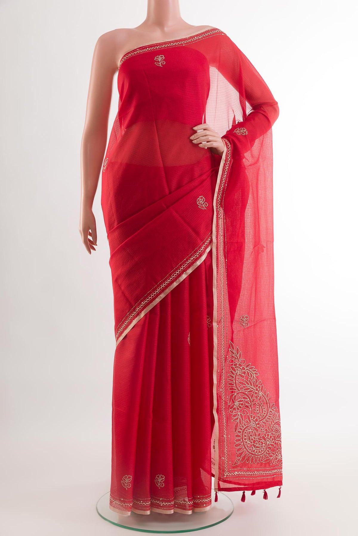 Red Kota Silk Saree with Thread Butta on the body and Embroidery Border.  displayed on a mannequin