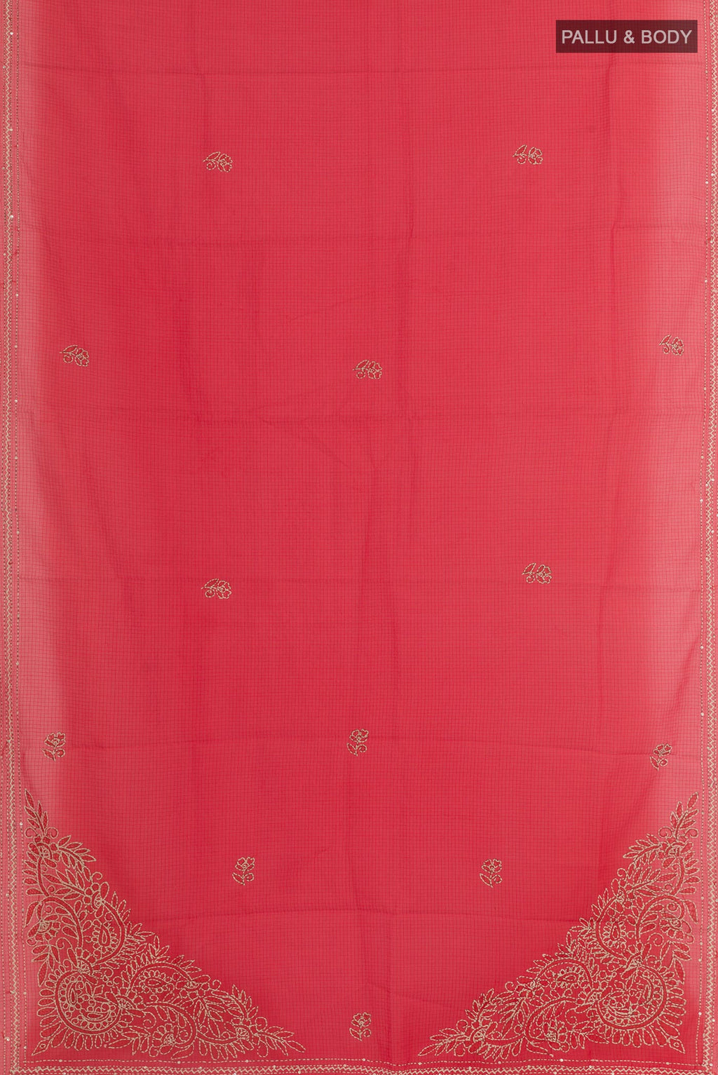 Flat view of Red Kota Silk Saree with Thread Butta on the body and Embroidery Border. 