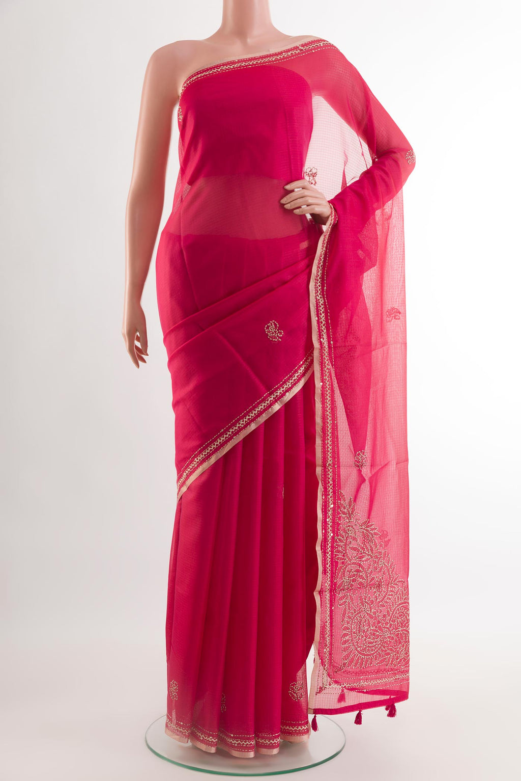 Pink Kota Silk Saree with Thread Butta on the body and Embroidery Border.  displayed on a mannequin
