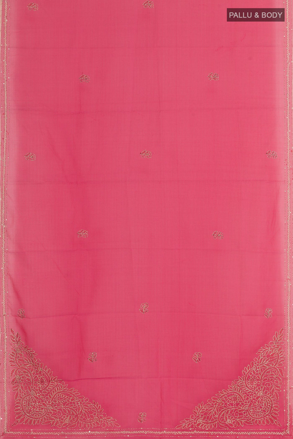 Flat view of Pink Kota Silk Saree with Thread Butta on the body and Embroidery Border. 
