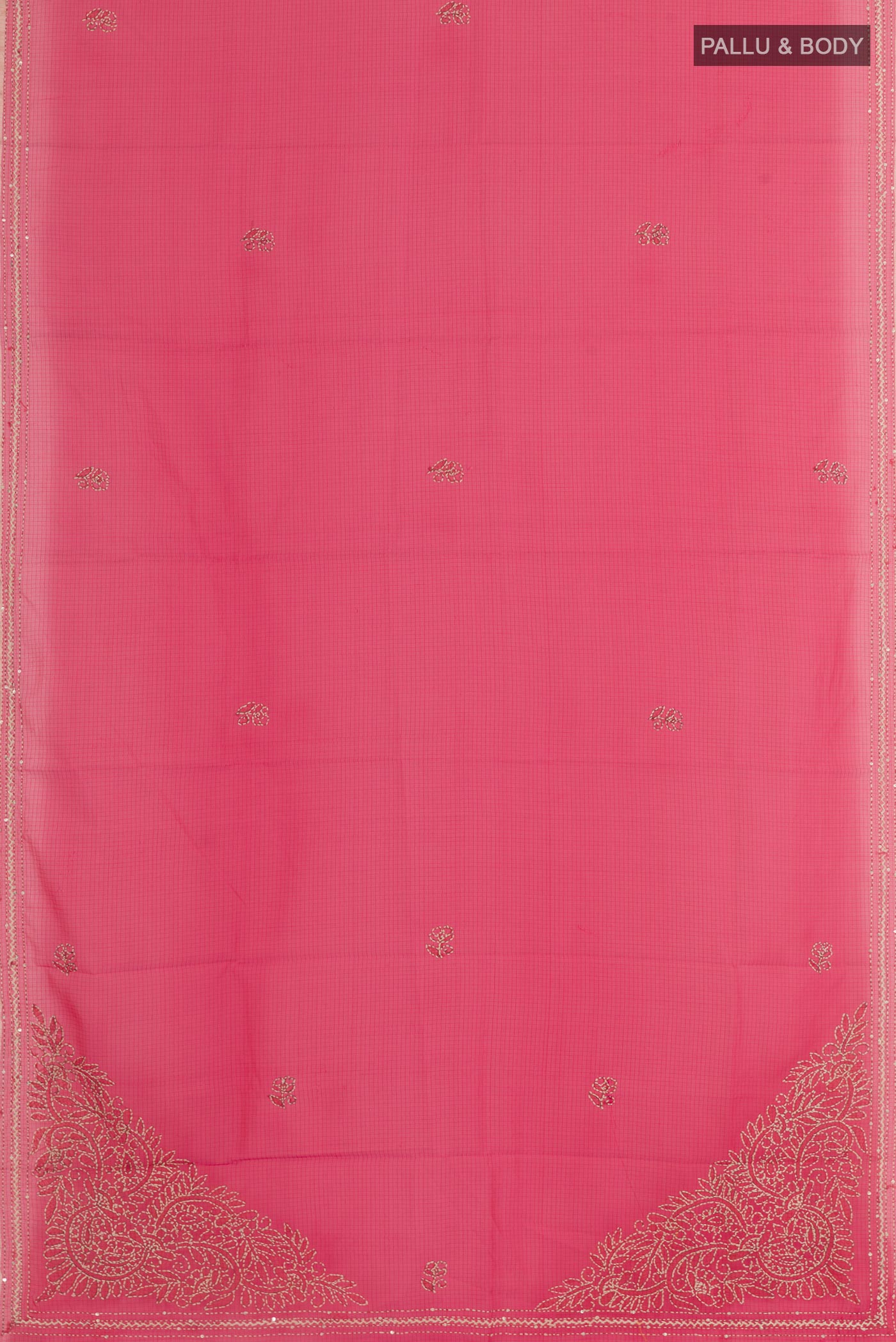 Flat view of Pink Kota Silk Saree with Thread Butta on the body and Embroidery Border. 