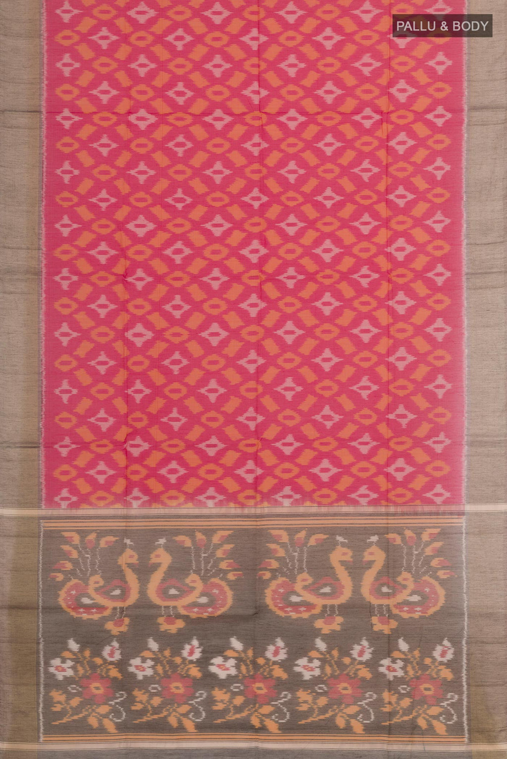 Flat view of Pink Blended Kora Cotton Saree with Ikat design on the body and Zari Border. 