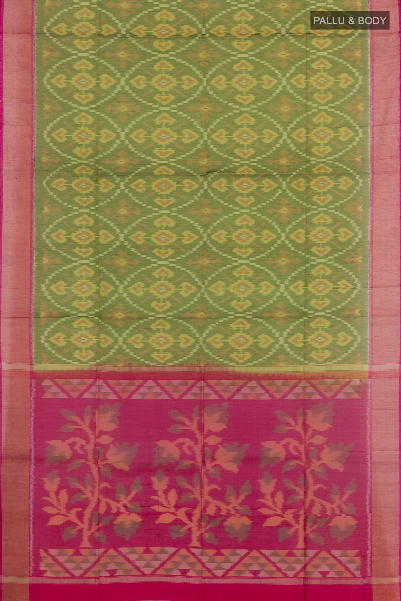 Flat view of Green Blended Kora Cotton Saree with Ikat design on the body and Zari Border. 