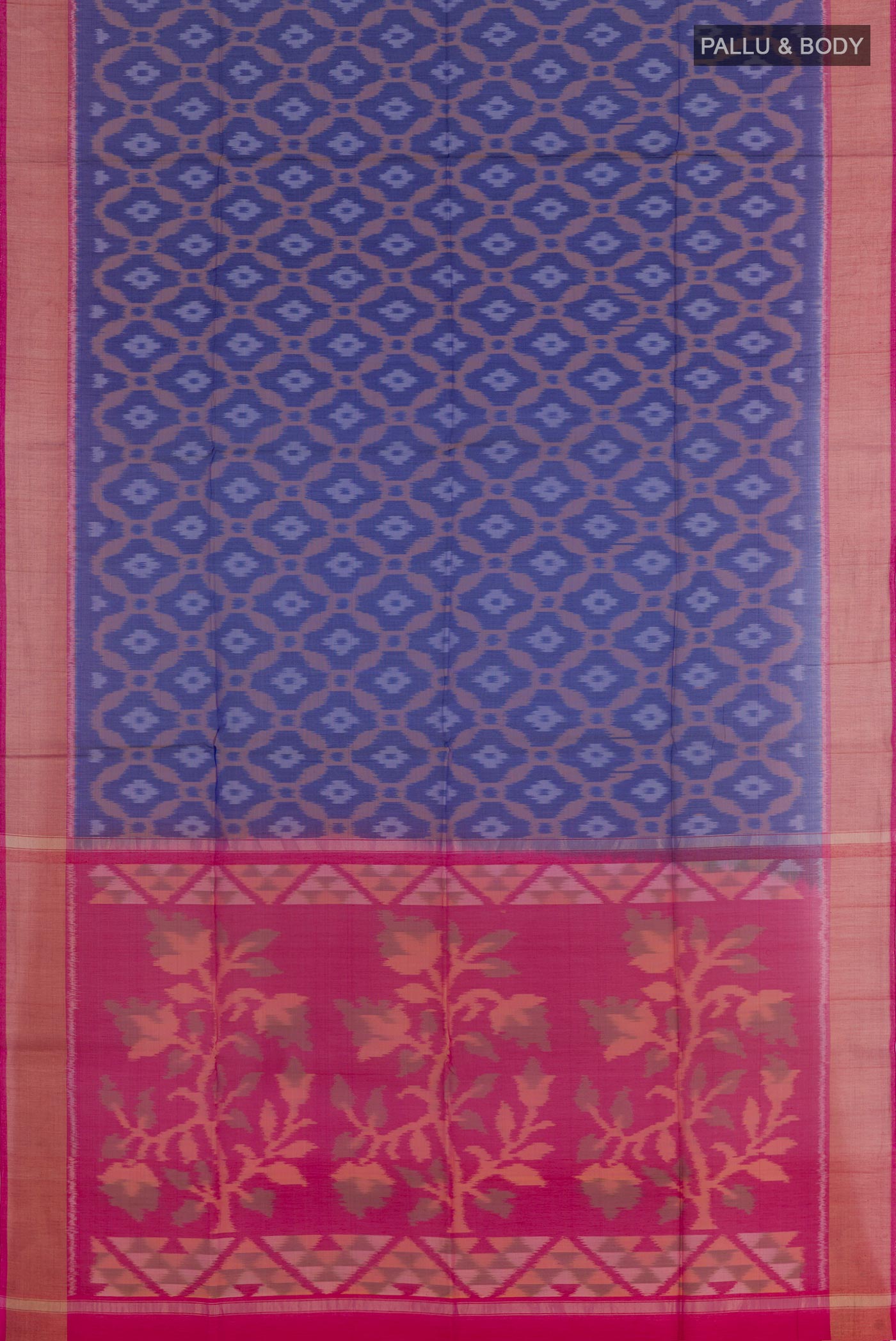 Flat view of Blue Blended Kora Cotton Saree with Ikat design on the body and Zari Border. 