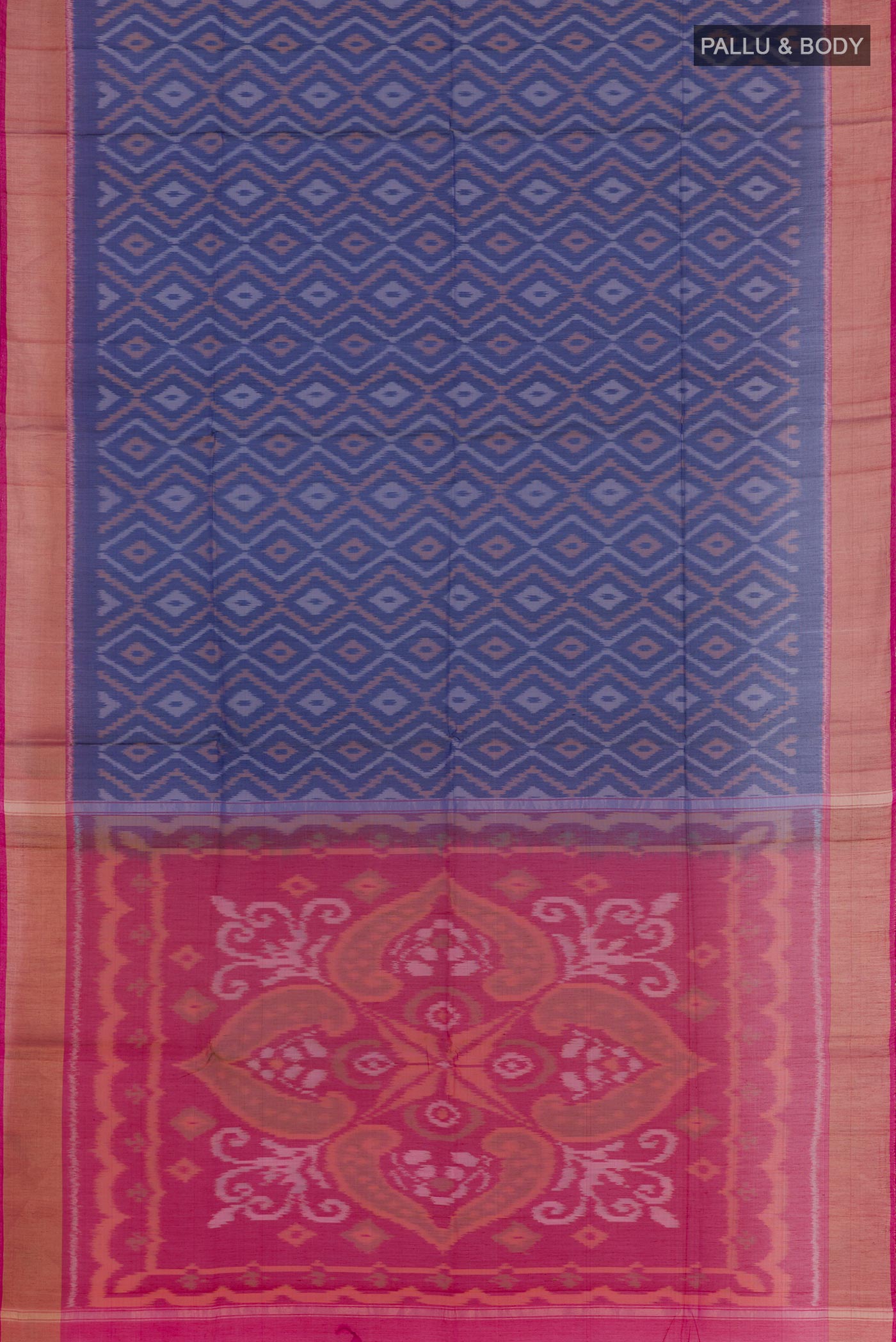Flat view of Blue Blended Kora Cotton Saree with Ikat design on the body and Zari Border. 