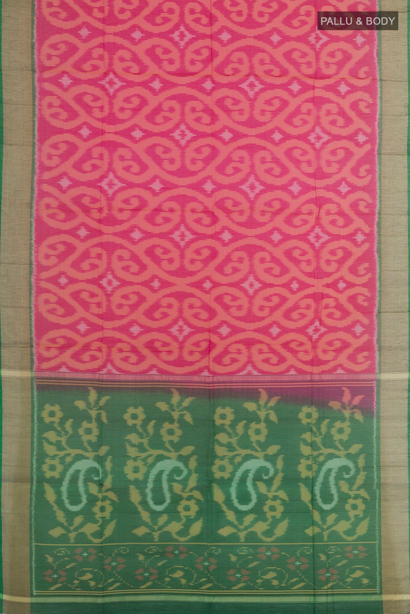Flat view of Pink Kora Cotton Saree with Ikat design on the body and Zari Border. 