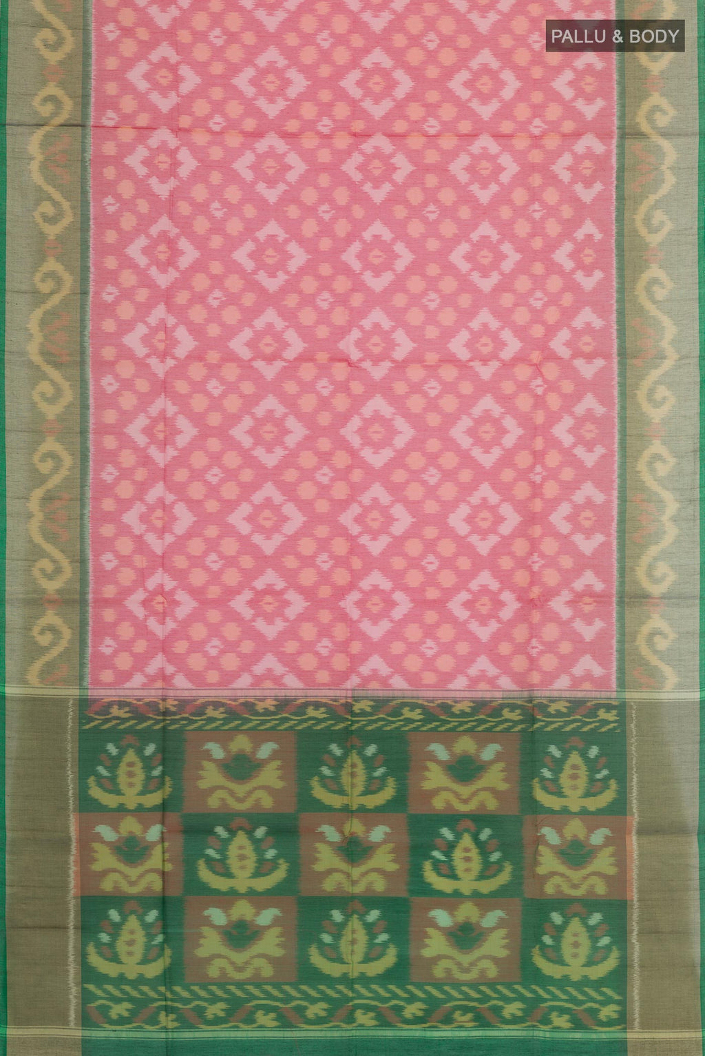 Flat view of Pink Blended Kora Cotton Saree with Ikat design on the body and Zari Border. 