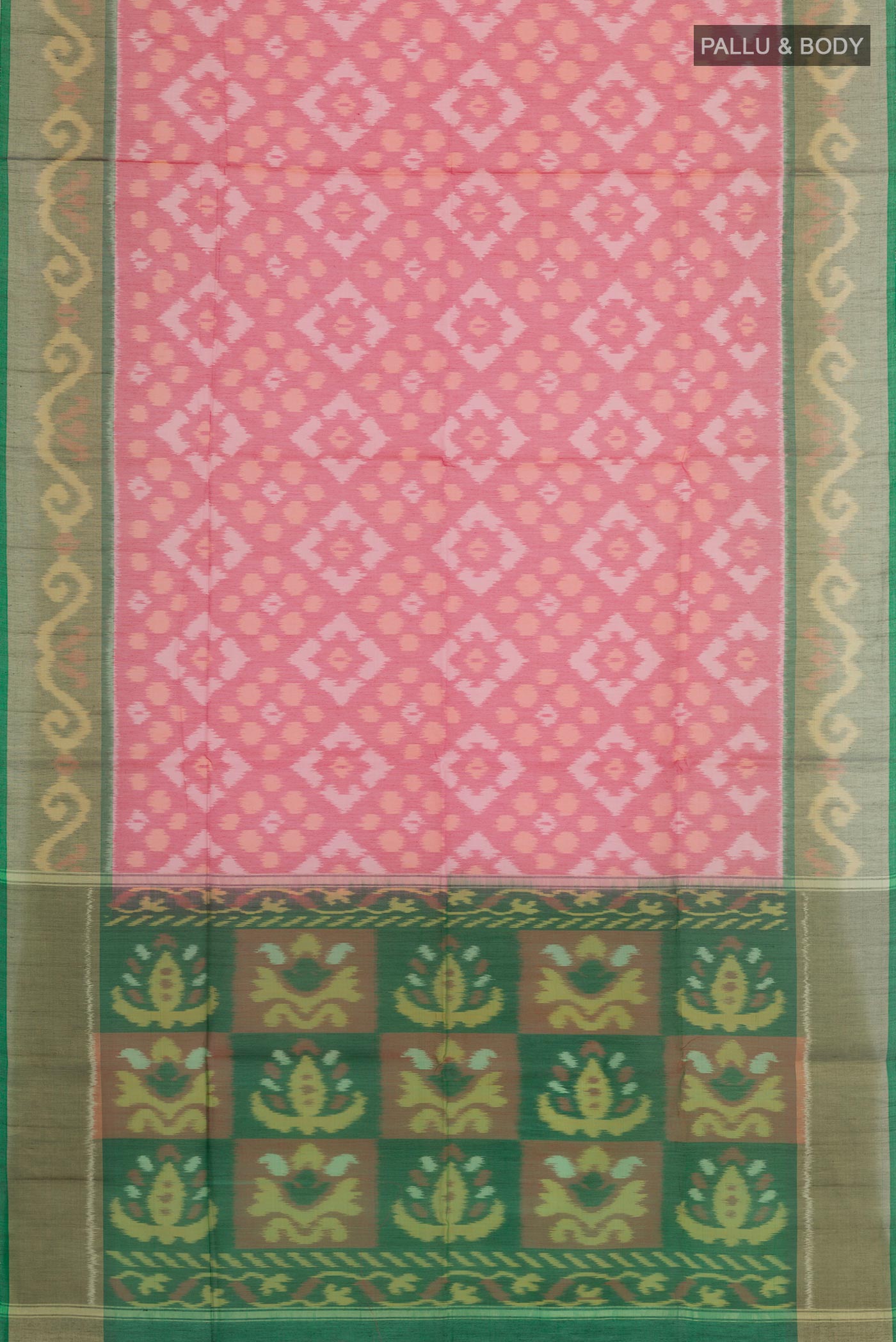 Flat view of Pink Blended Kora Cotton Saree with Ikat design on the body and Zari Border. 