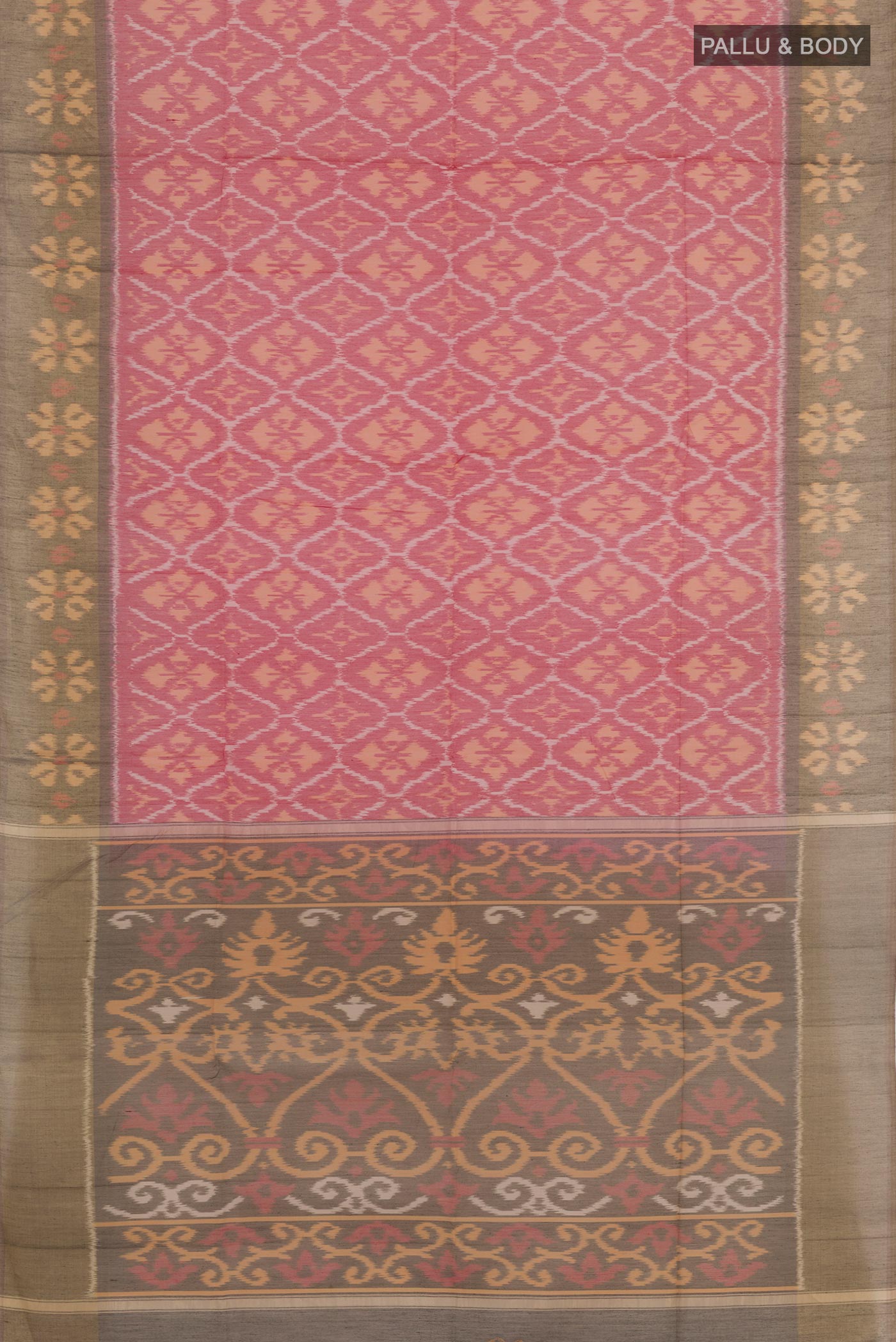 Flat view of Red Blended Kora Cotton Saree with Ikat design on the body and Zari Border. 