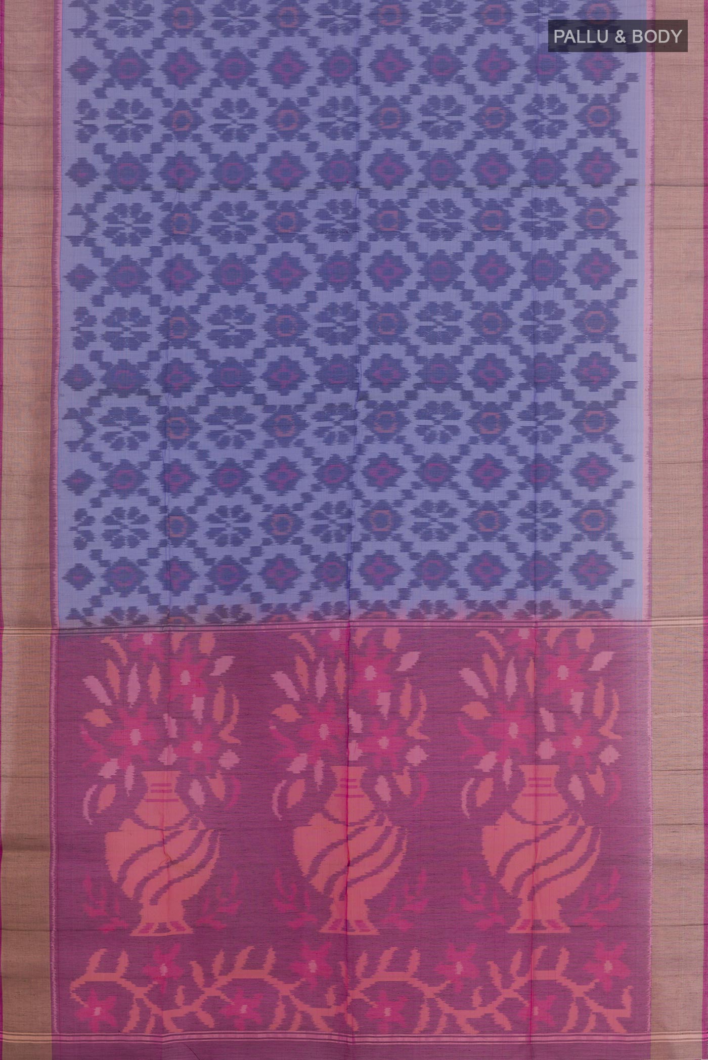 Flat view of Blue Blended Kora Cotton Saree with Ikat design on the body and Zari Border. 