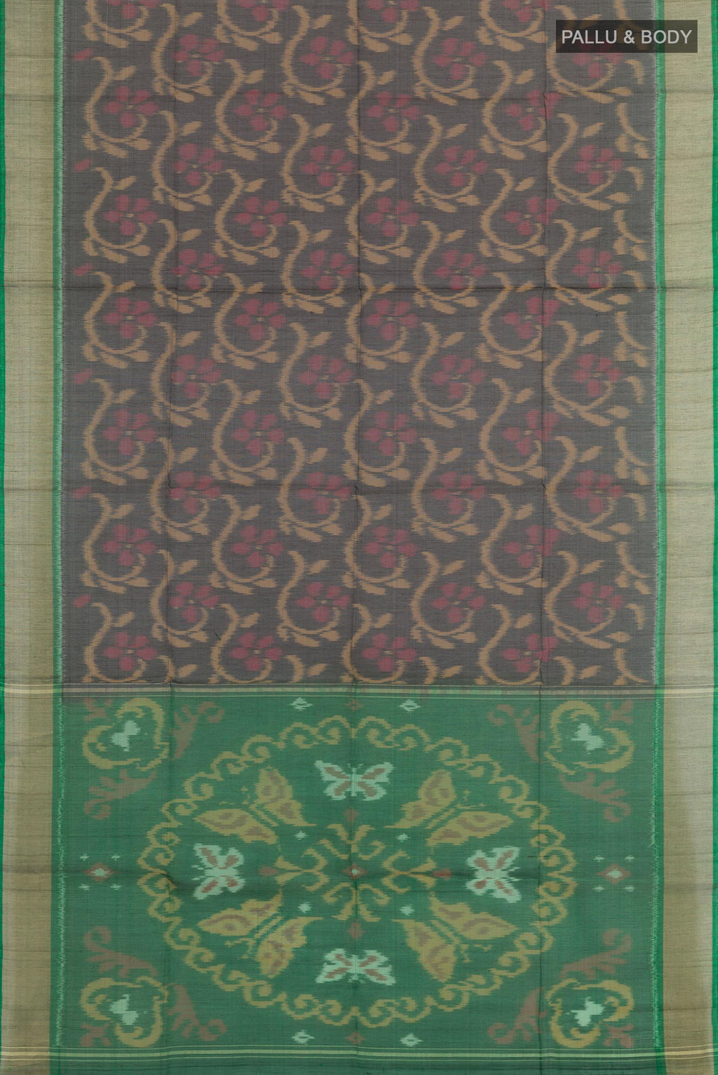 Flat view of Black Blended Kora Cotton Saree with Ikat design on the body and Zari Border. 