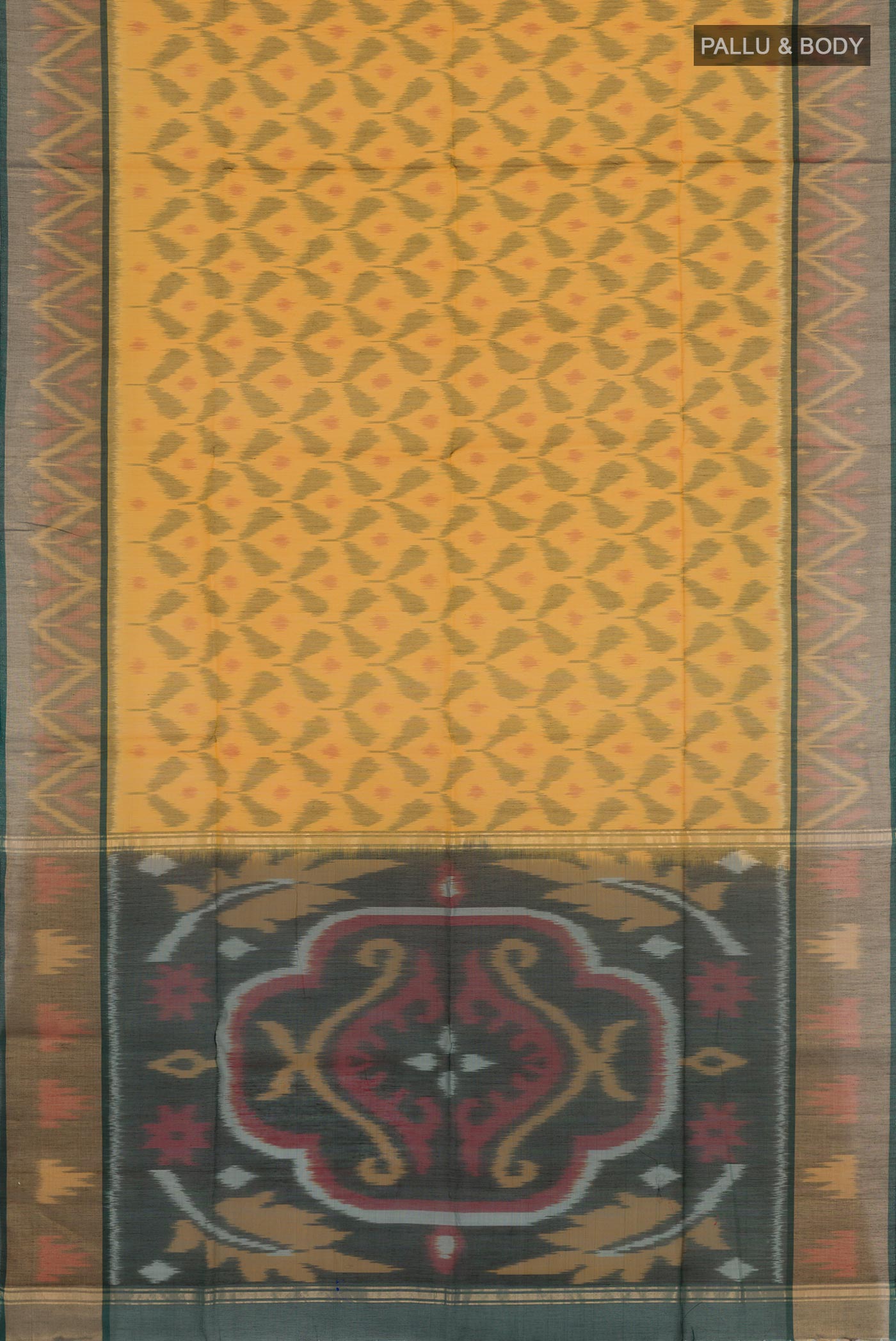 Flat view of Yellow Blended Kora Cotton Saree with Ikat design on the body and Zari Border. 