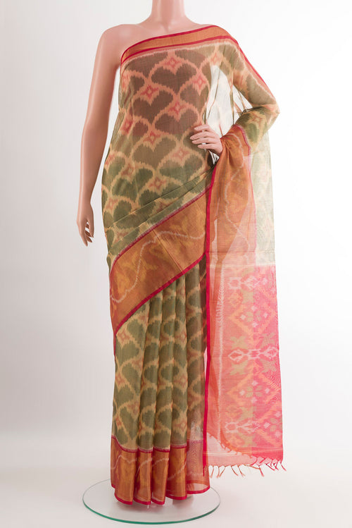Beige Kora Cotton Saree with Ikat design on the body and Zari Border.  displayed on a mannequin