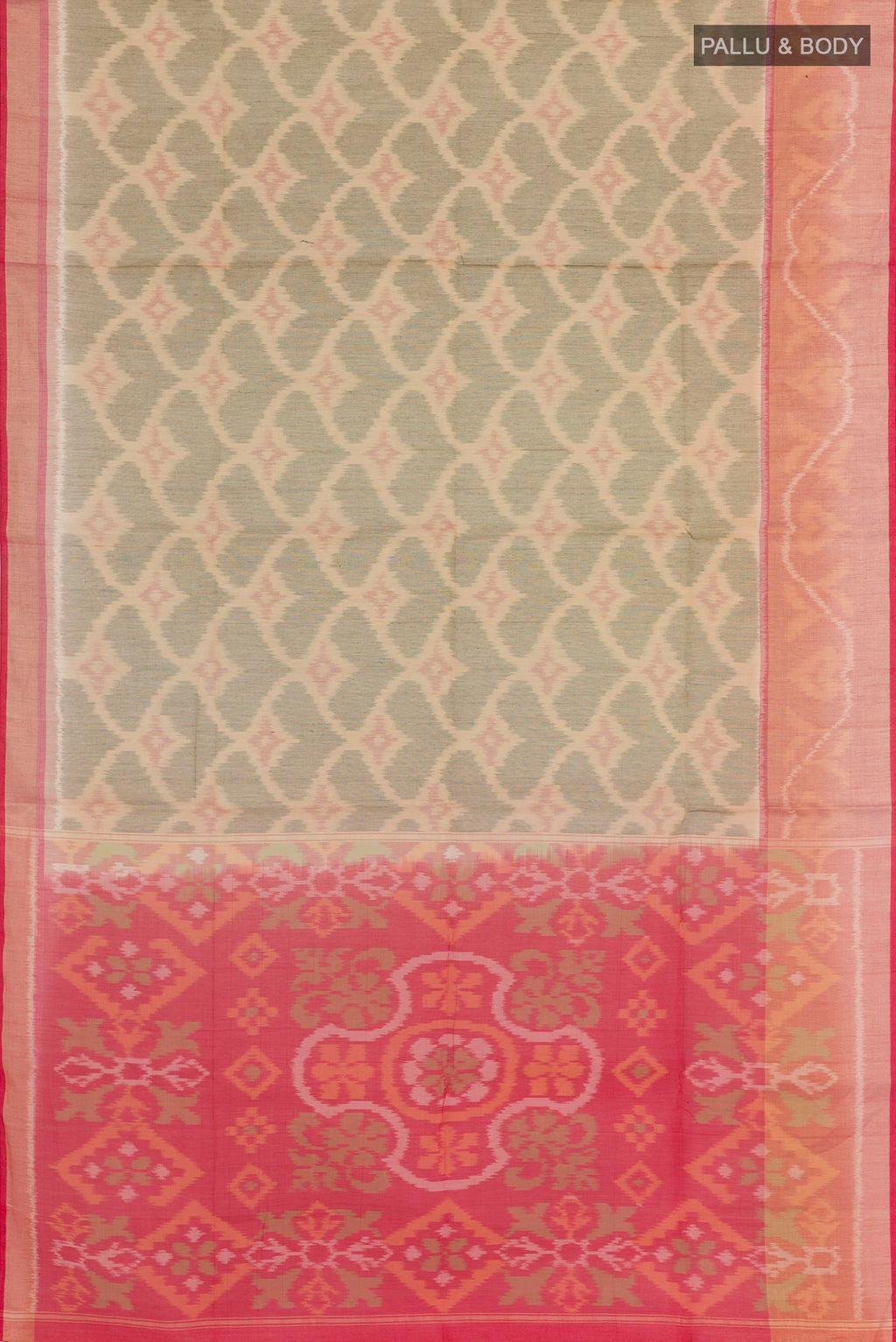 Flat view of Beige Kora Cotton Saree with Ikat design on the body and Zari Border. 