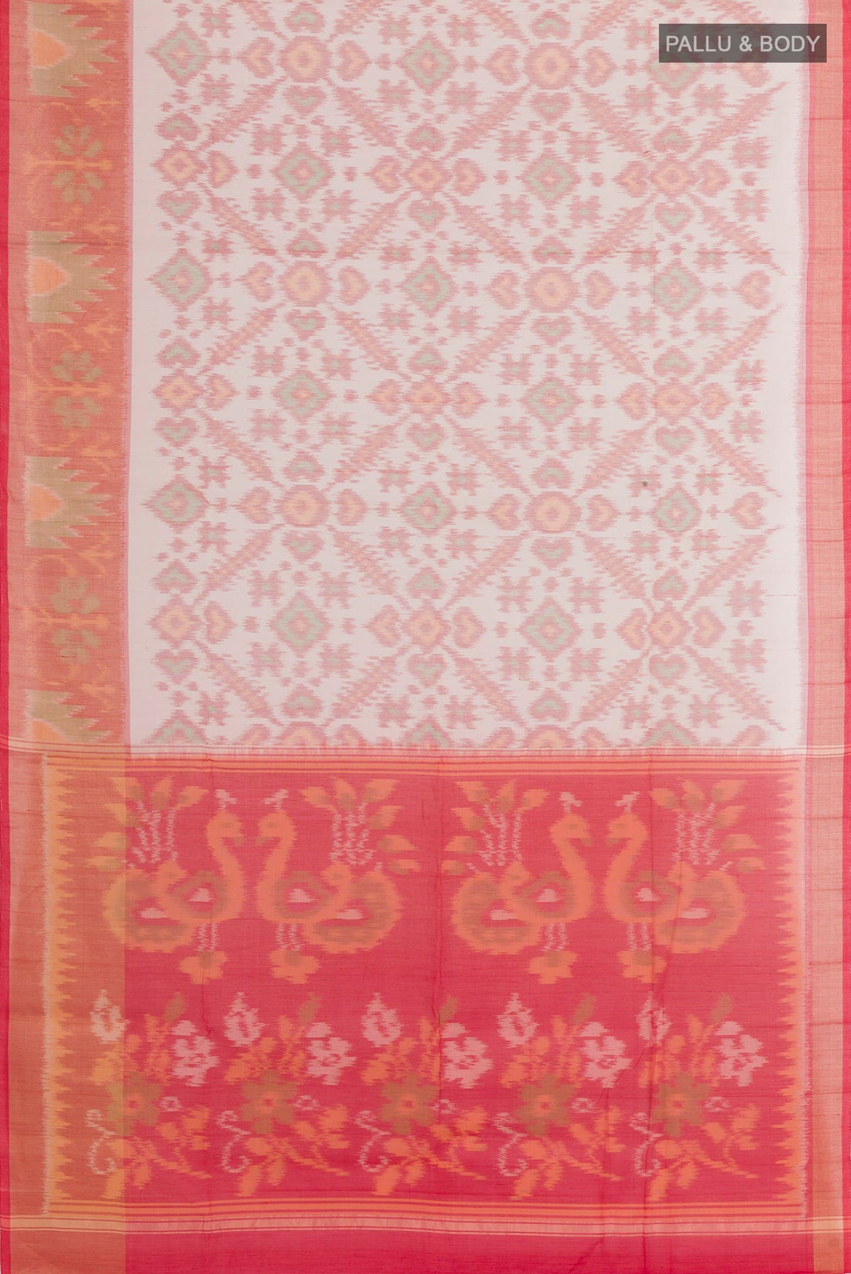 Flat view of White Kora Cotton Saree with Ikat design on the body and Zari Border. 