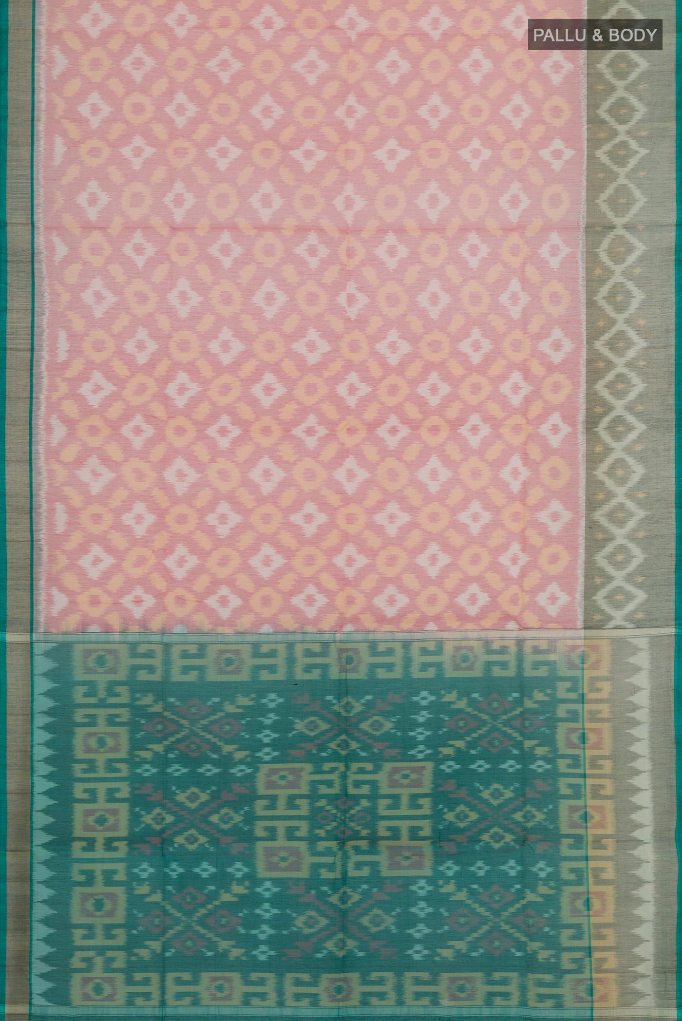 Flat view of Red Blended Kora Cotton Saree with Ikat design on the body and Zari Border. 
