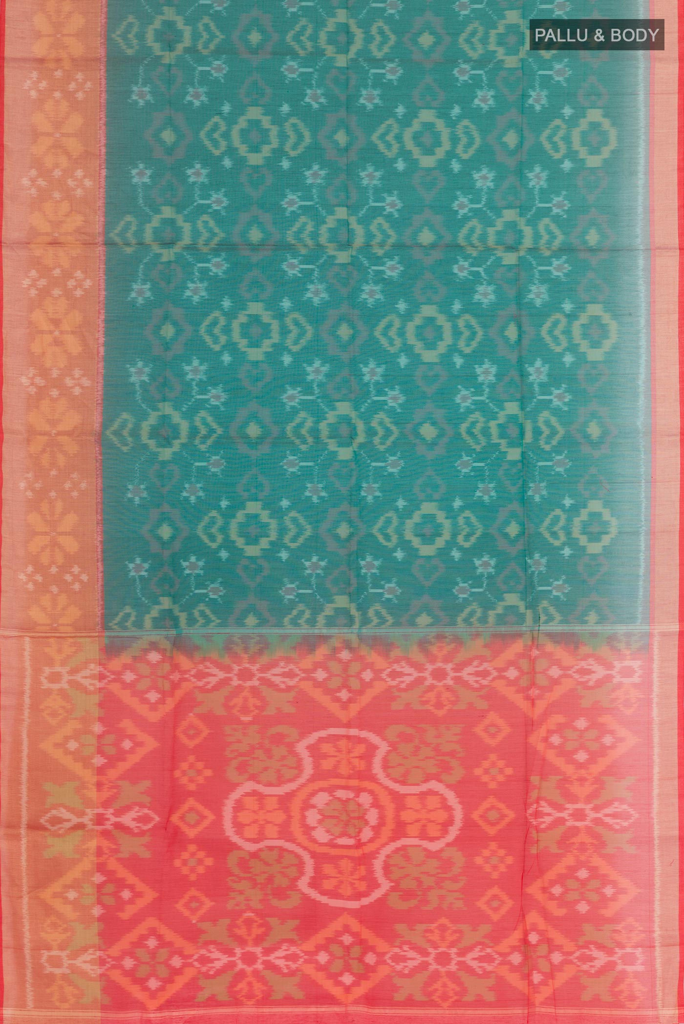 Flat view of Green Blended Kora Cotton Saree with Ikat design on the body and Zari Border. 