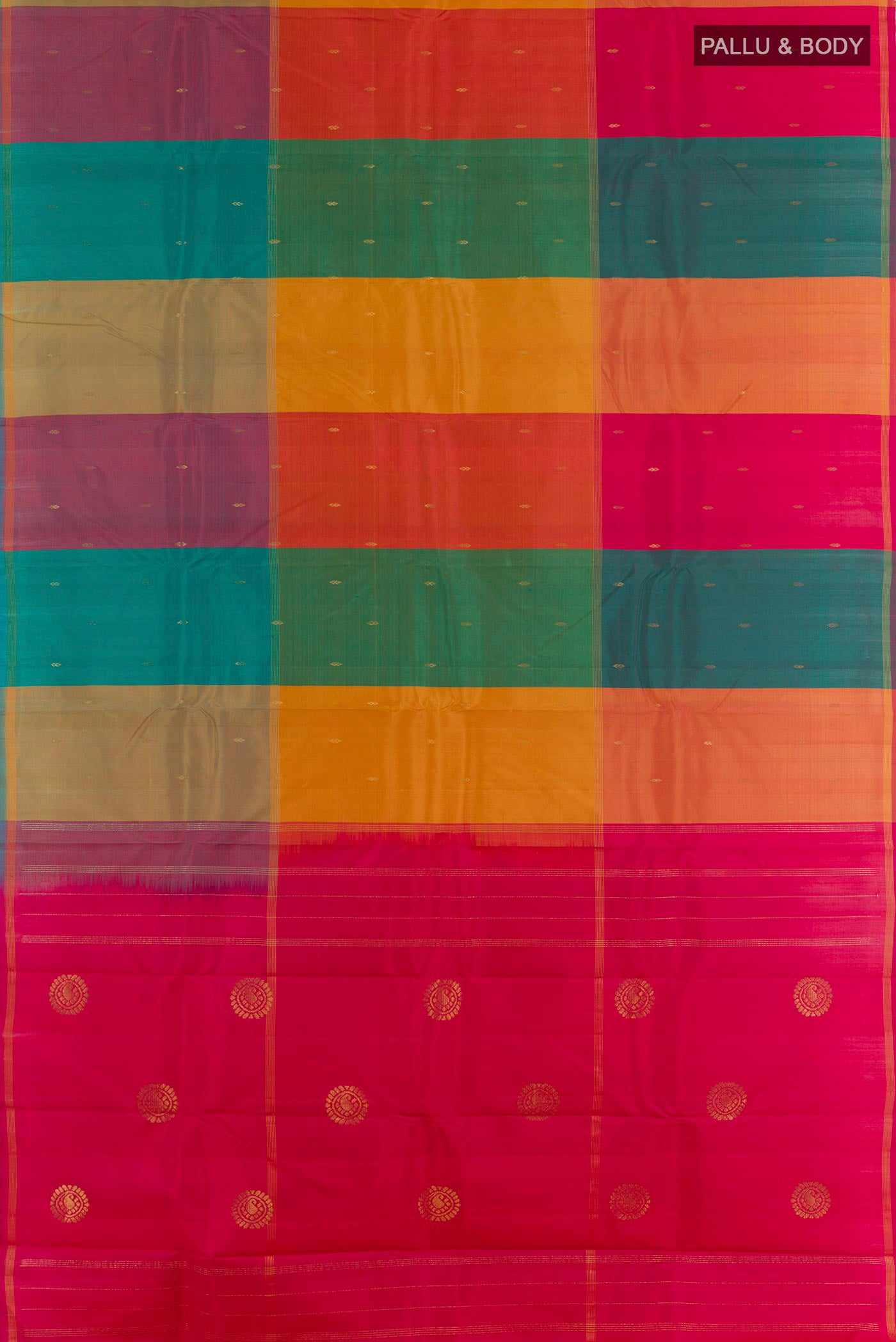 Flat view of Multi Color Kanchipuram Silk Saree with Zari Butta on the body and Zari Border. 