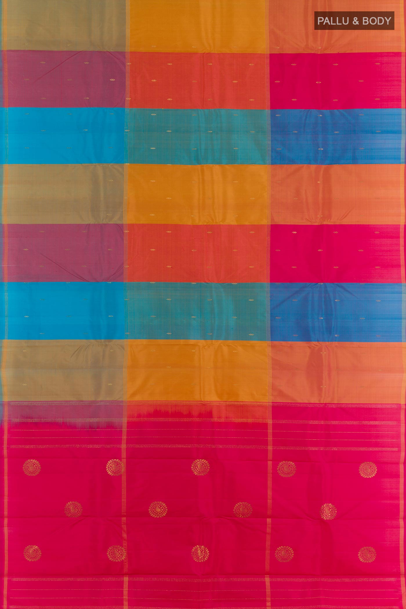 Flat view of Multi Color Kanchipuram Silk Saree with Zari Butta on the body and Zari Border. 