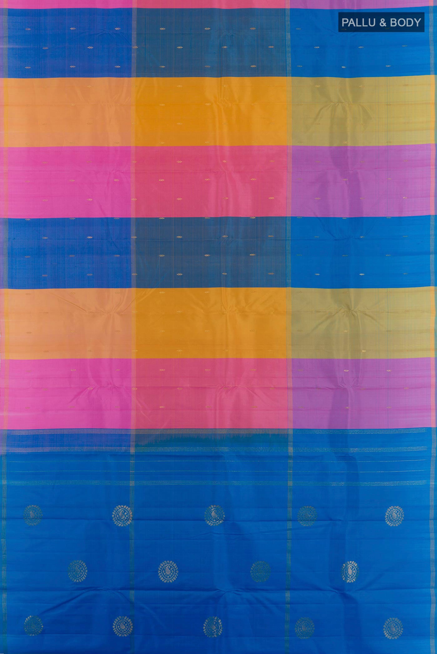 Flat view of Multi Color Kanchipuram Silk Saree with Zari Butta on the body and Zari Border. 